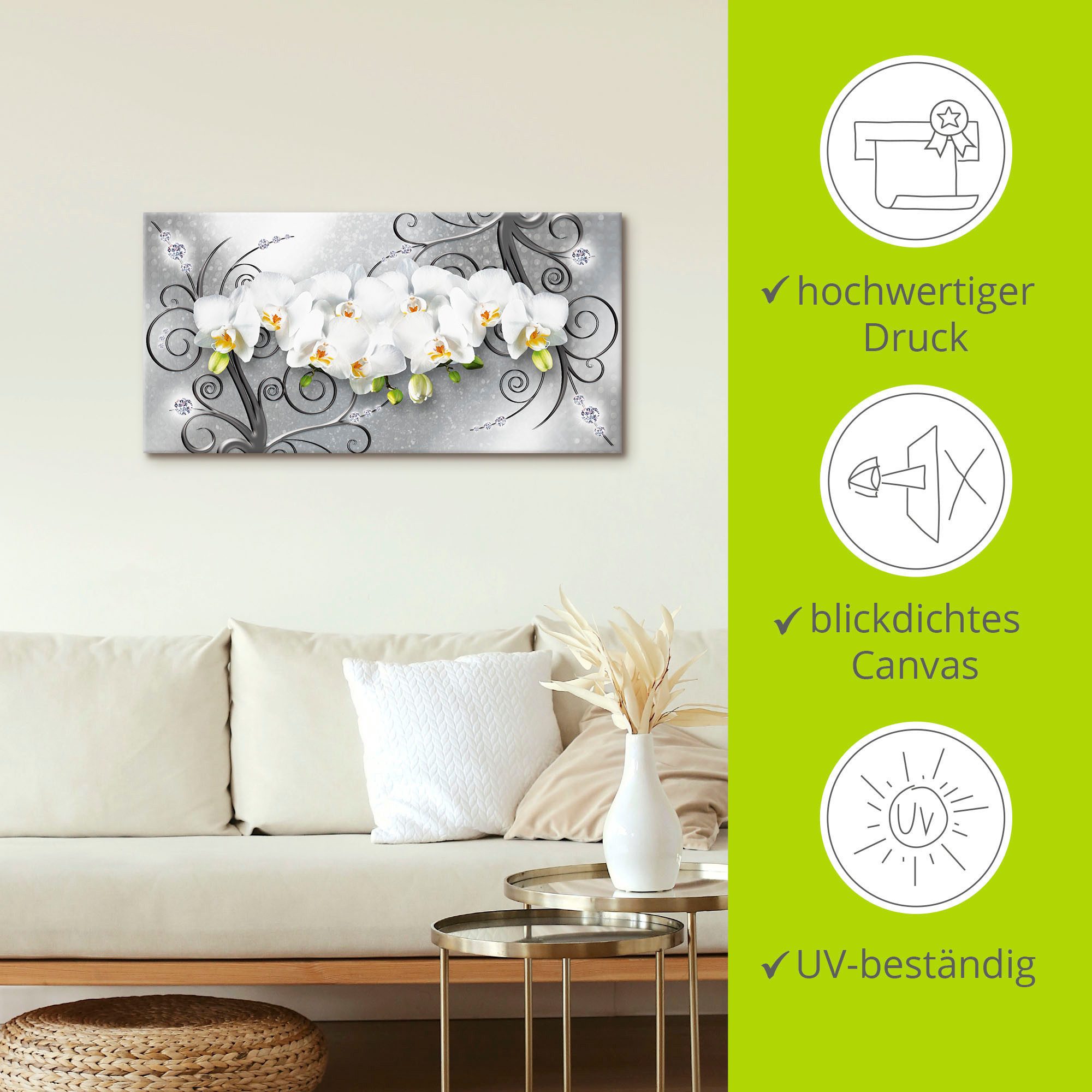 Artland Artprint Witte orchideeën op ornamenten als artprint van aluminium, artprint voor buiten, artprint op linnen, poster, muursticker