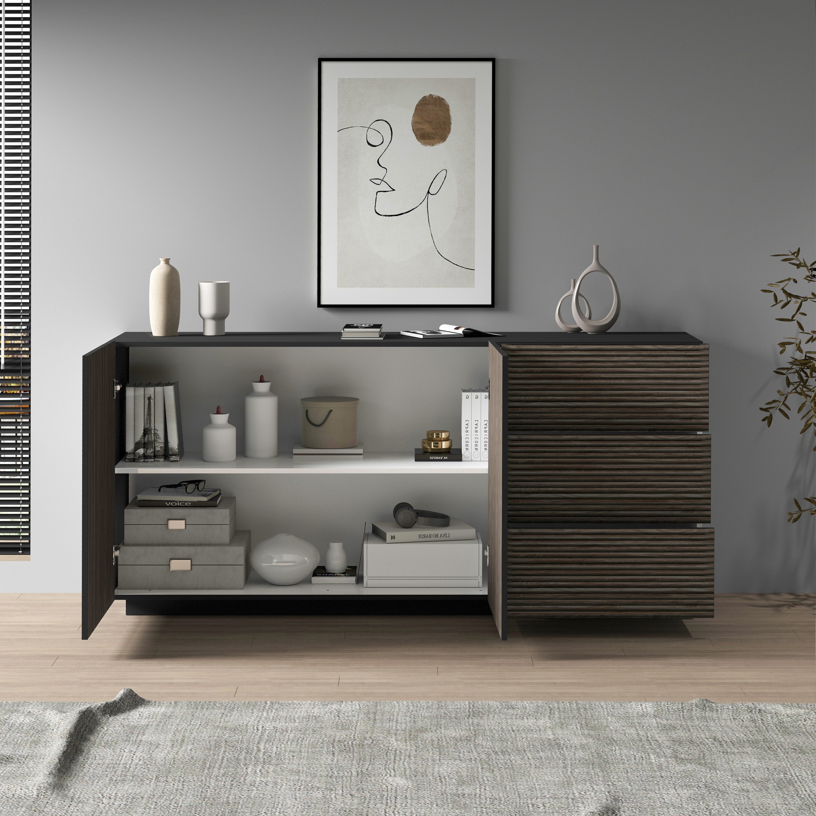 INOSIGN Dressoir Vega Sideboard, Ladekast, 180 cm met 2 deuren en 3 lades, fronten met groeflook