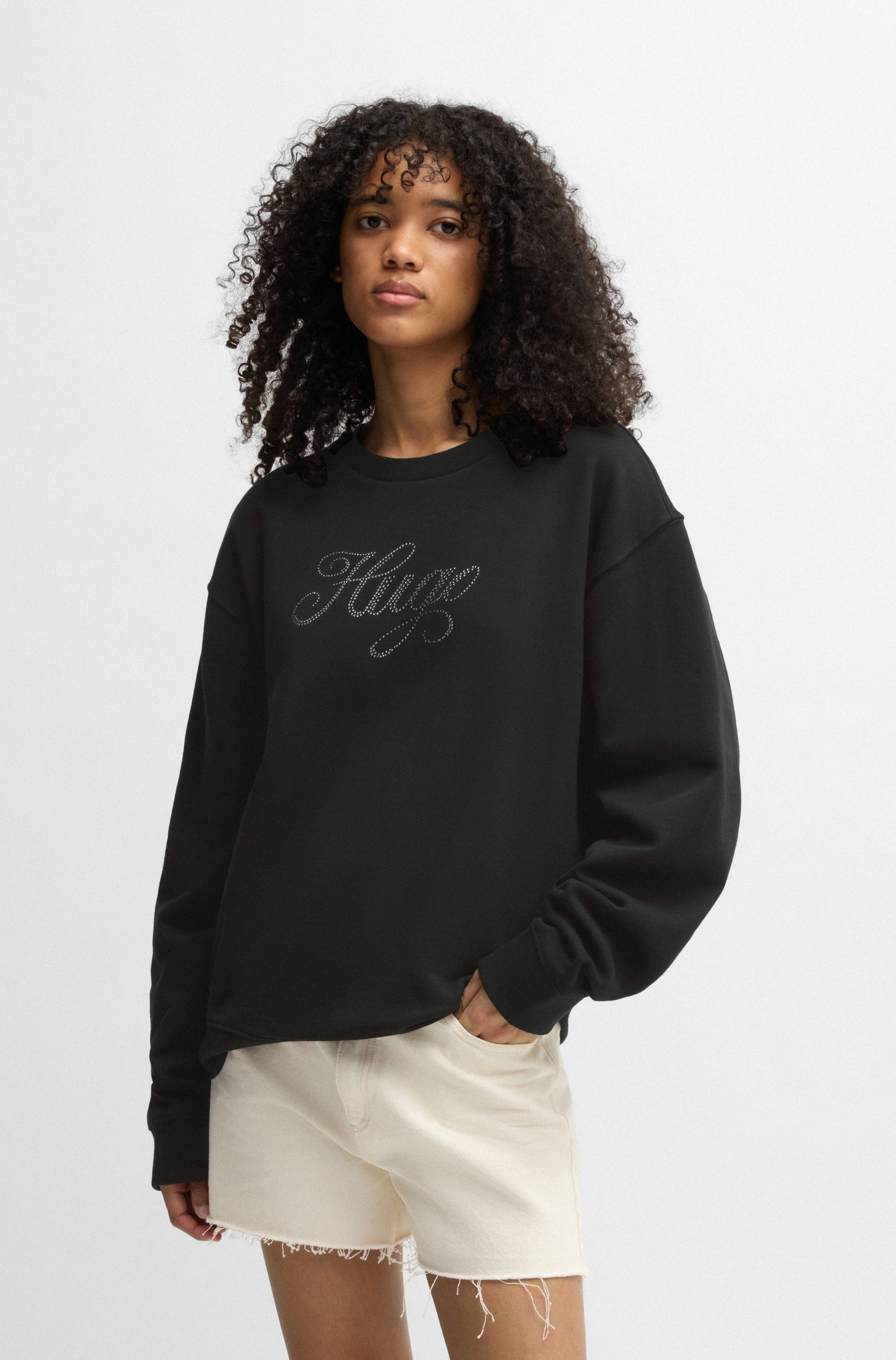 HUGO Blue Sweatshirt Oversized crew met bloemenprint op de achterkant, straß logo print