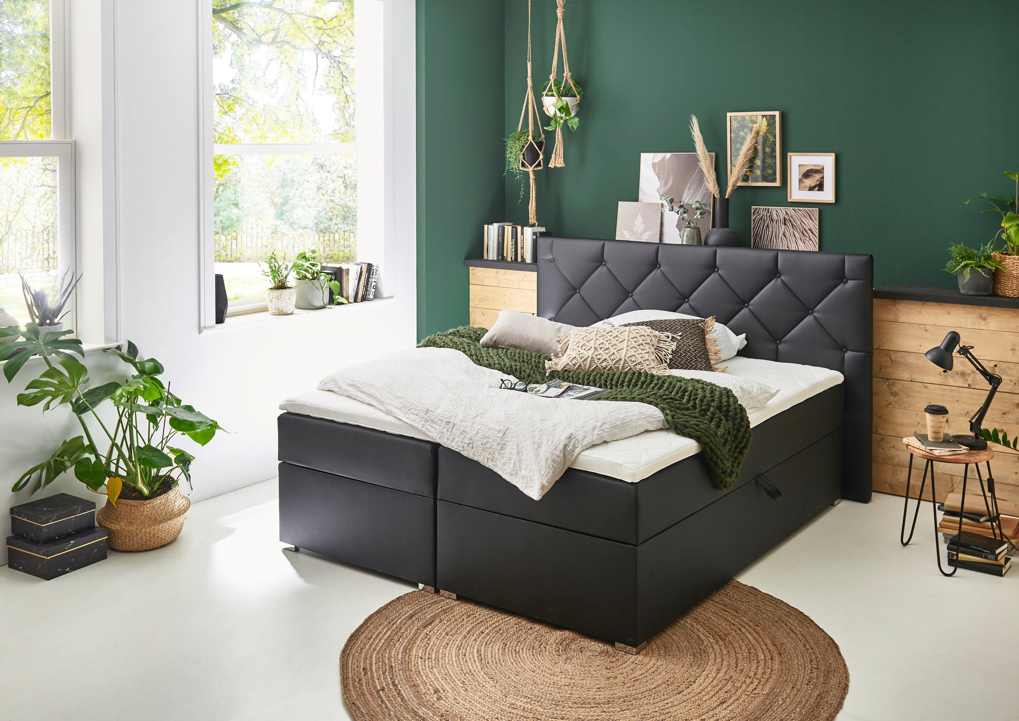 ATLANTIC home collection Boxspring Meike met xxl bedstee en topper boxsprings zwart