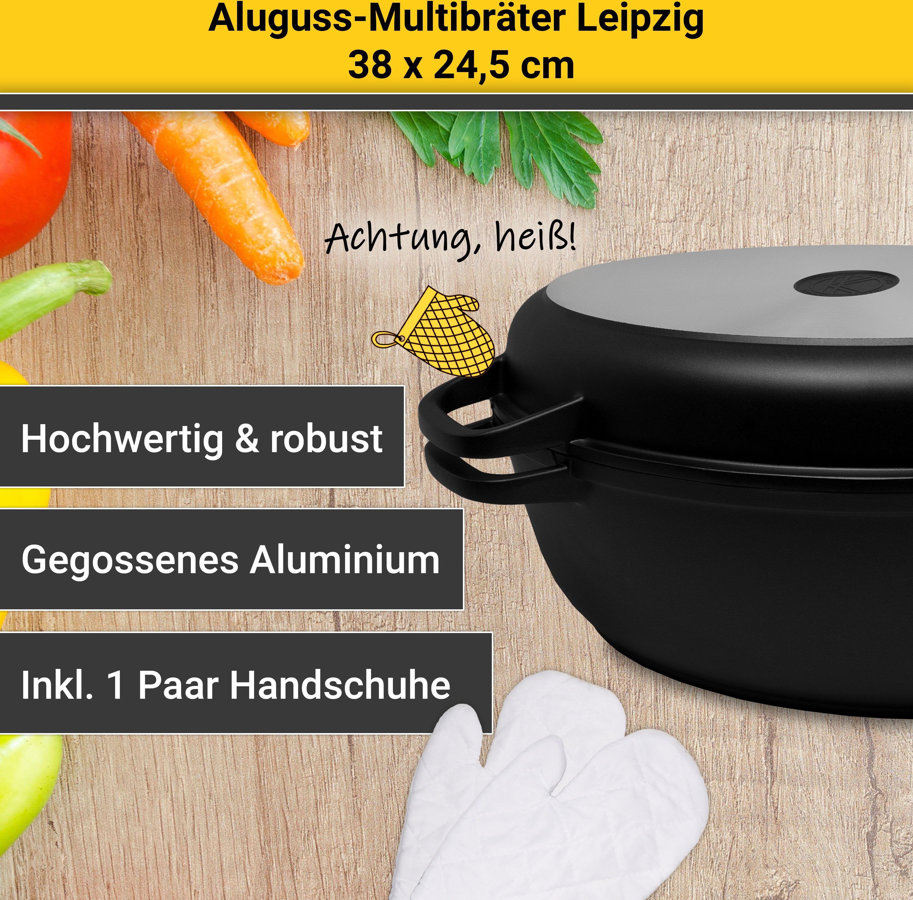 Krüger Braadpan Aluminium multicooker met grilldeksel LEIPZIG, 38 x 24,5 x 13 cm