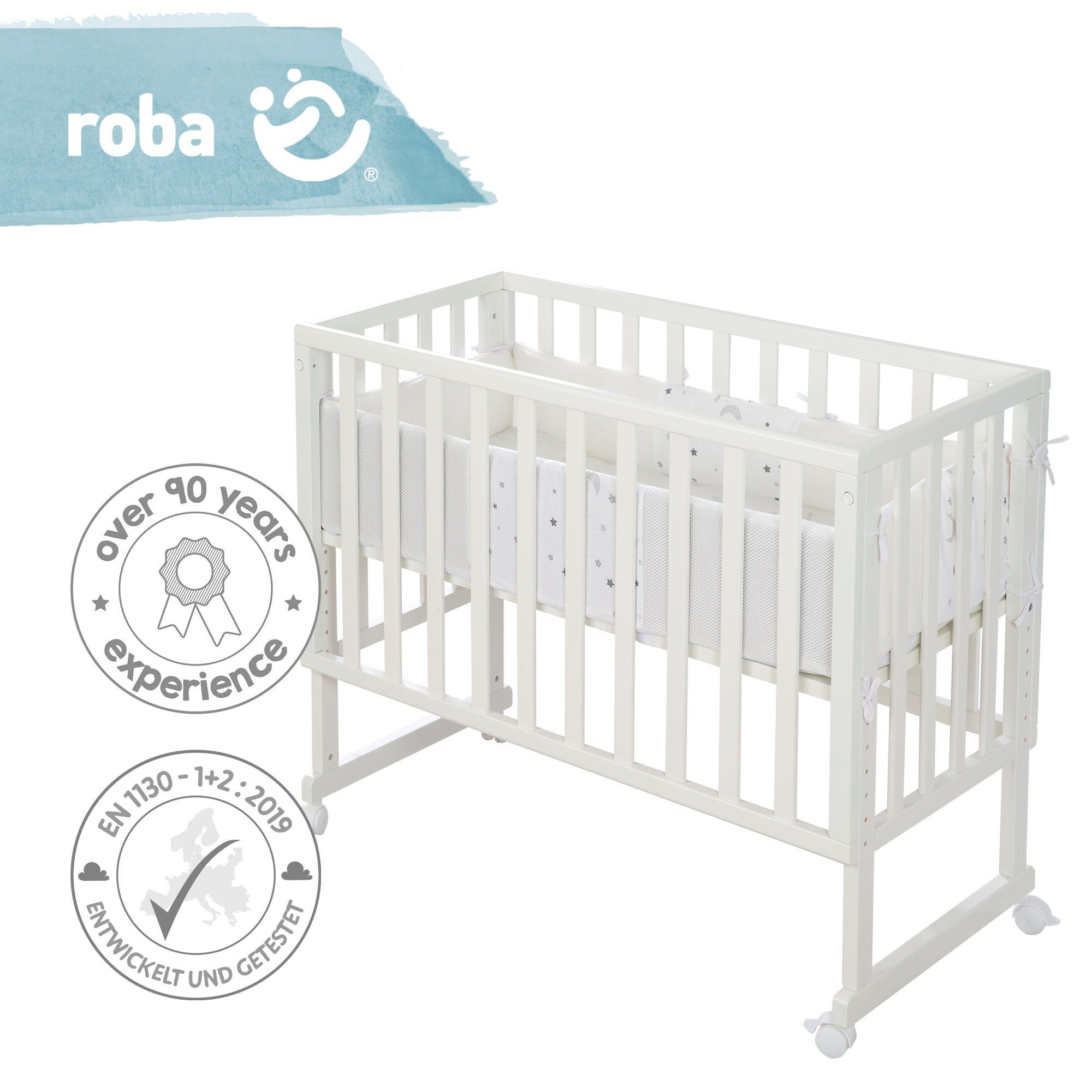 Roba® Wieg Safe Asleep® 2-in-1, wit, sterrenhemel grijs met 4 wieltjes, matras, hoofdbeschermer en veiligheidsbarrière