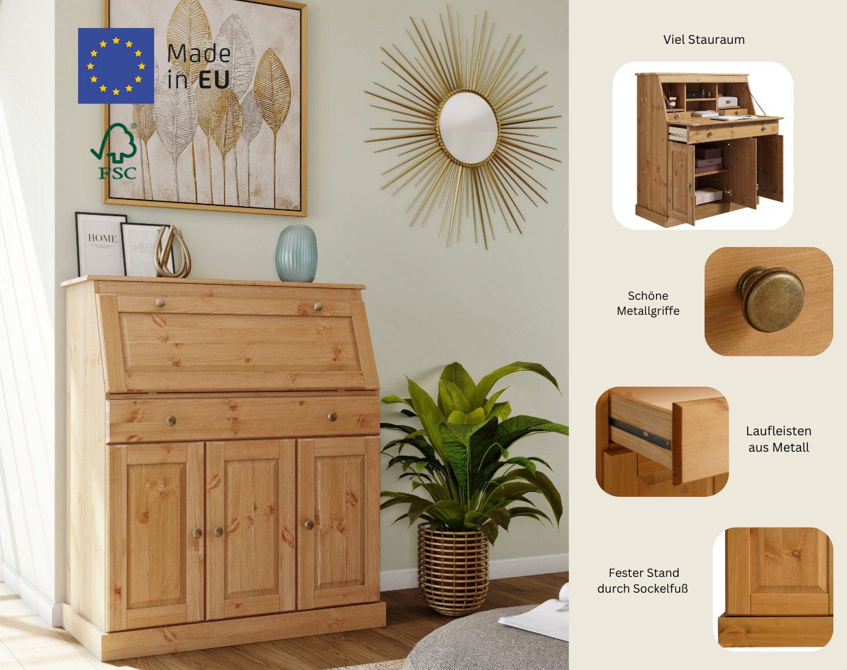 Home affaire Secretaire Rossi gemaakt van massief dennenhout, variabel verstelbare inlegplanken, breedte 97 cm