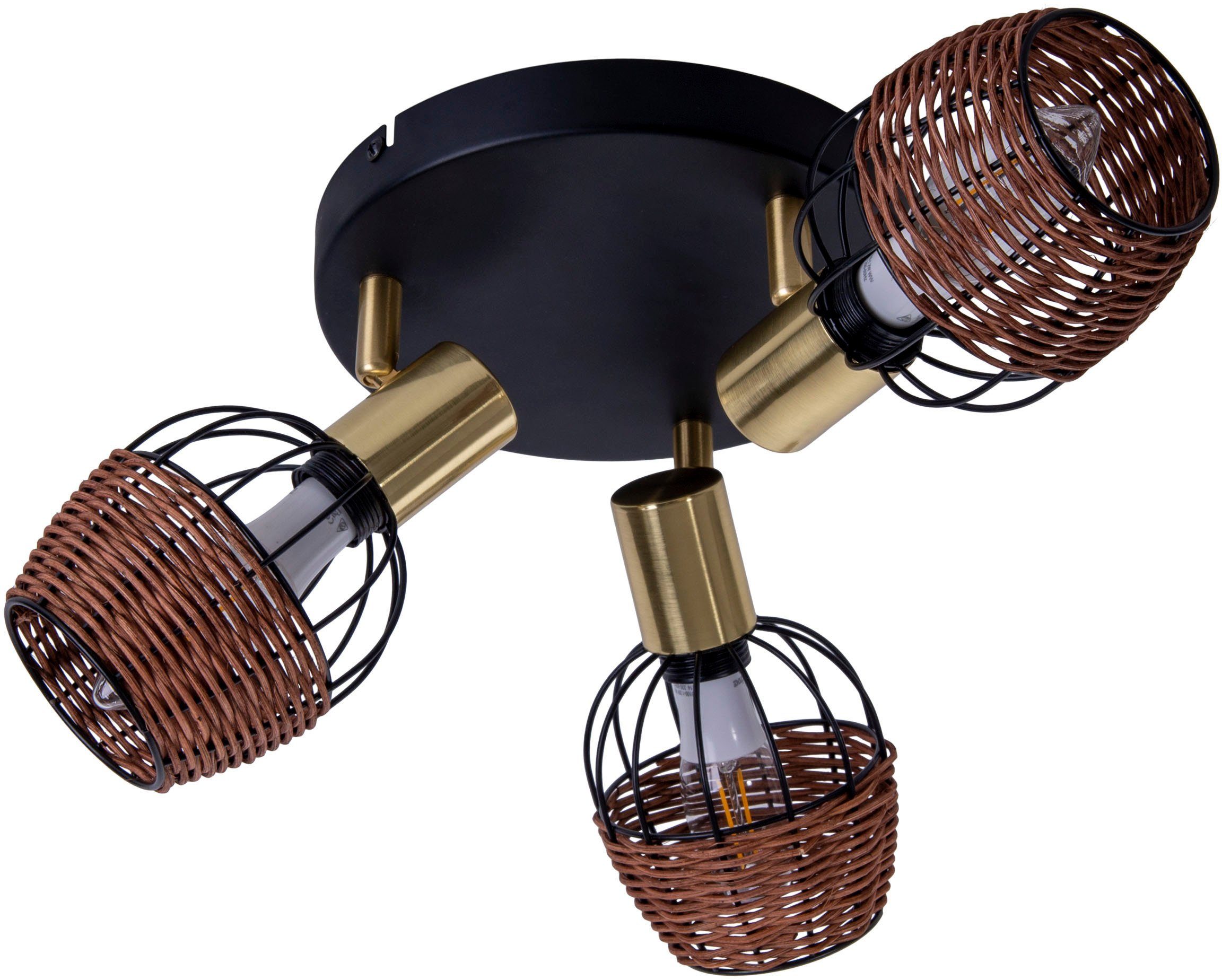 näve Plafondspotje Corbis 3 spots excl. e14 max. 40w zwart/natuur/goud d: 38 cm met rattan (1 stuk)