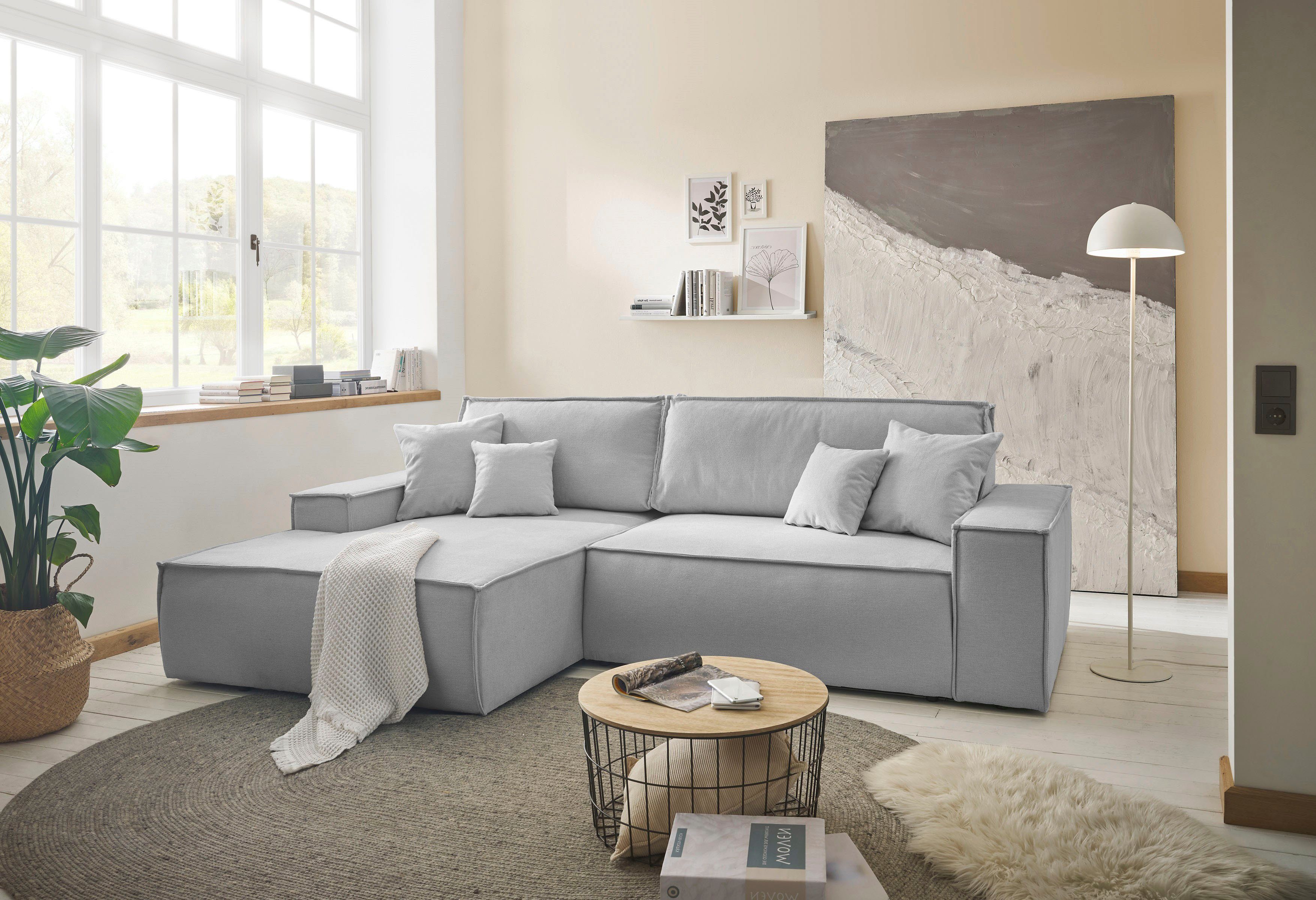 andas Hoekbank Finnley slaapbank 267 cm in Bouclé, fijne structuur en cord, L-vorm