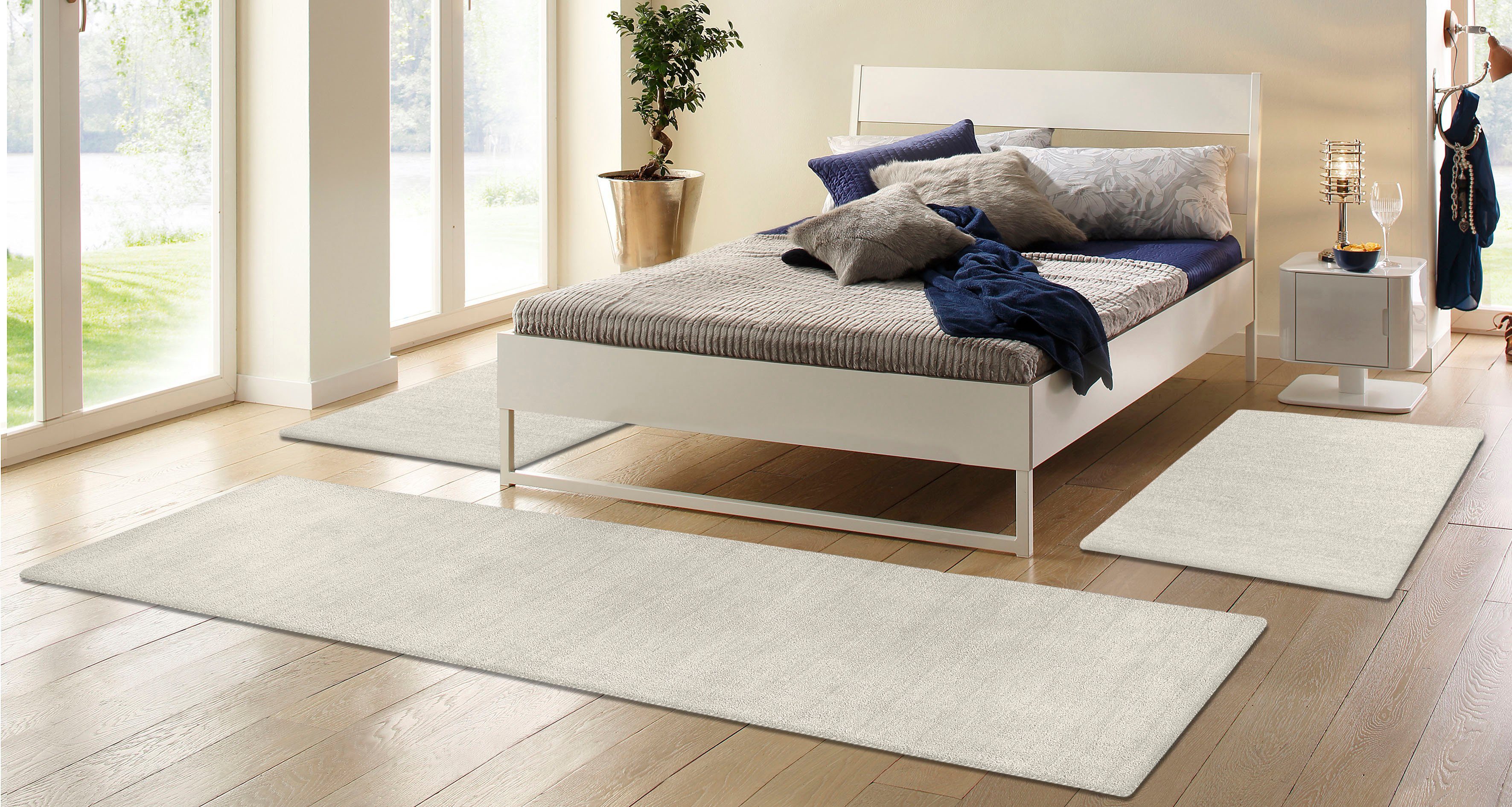THEKO Set slaapkamerkleedjes Gabbeh uni, handgeweven tapijt, gemêleerd, 100% wol Slaapkamerkleed, unikleuren, met de hand geweven, loper-set, slaapkamer
