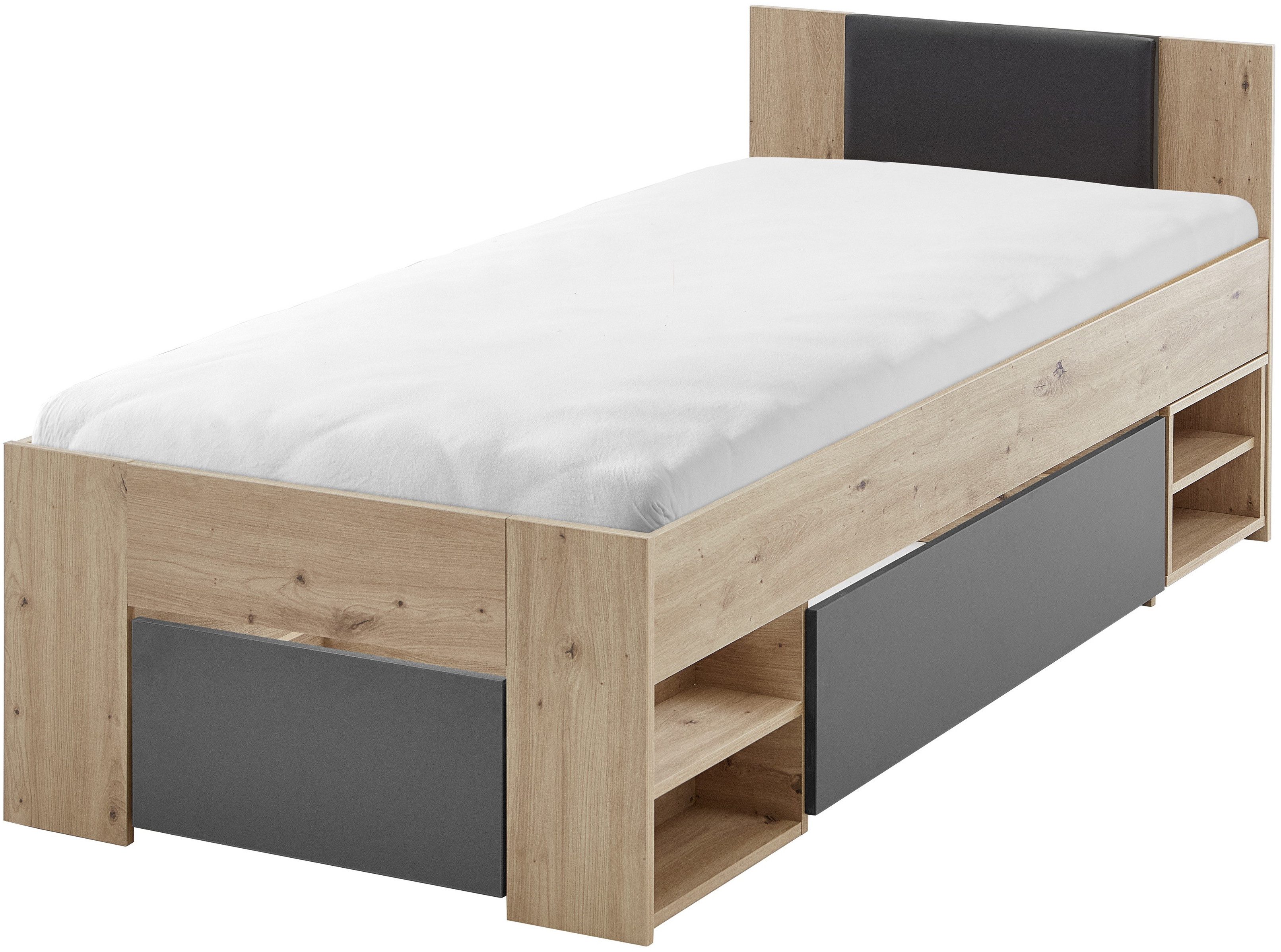 Relita Ledikant met bergruimte Stefan met grote lades en Nako op wielen, incl. latten met comfortabele lighoogte, verkrijgbaar in 2 breedtes en 2 kleuren