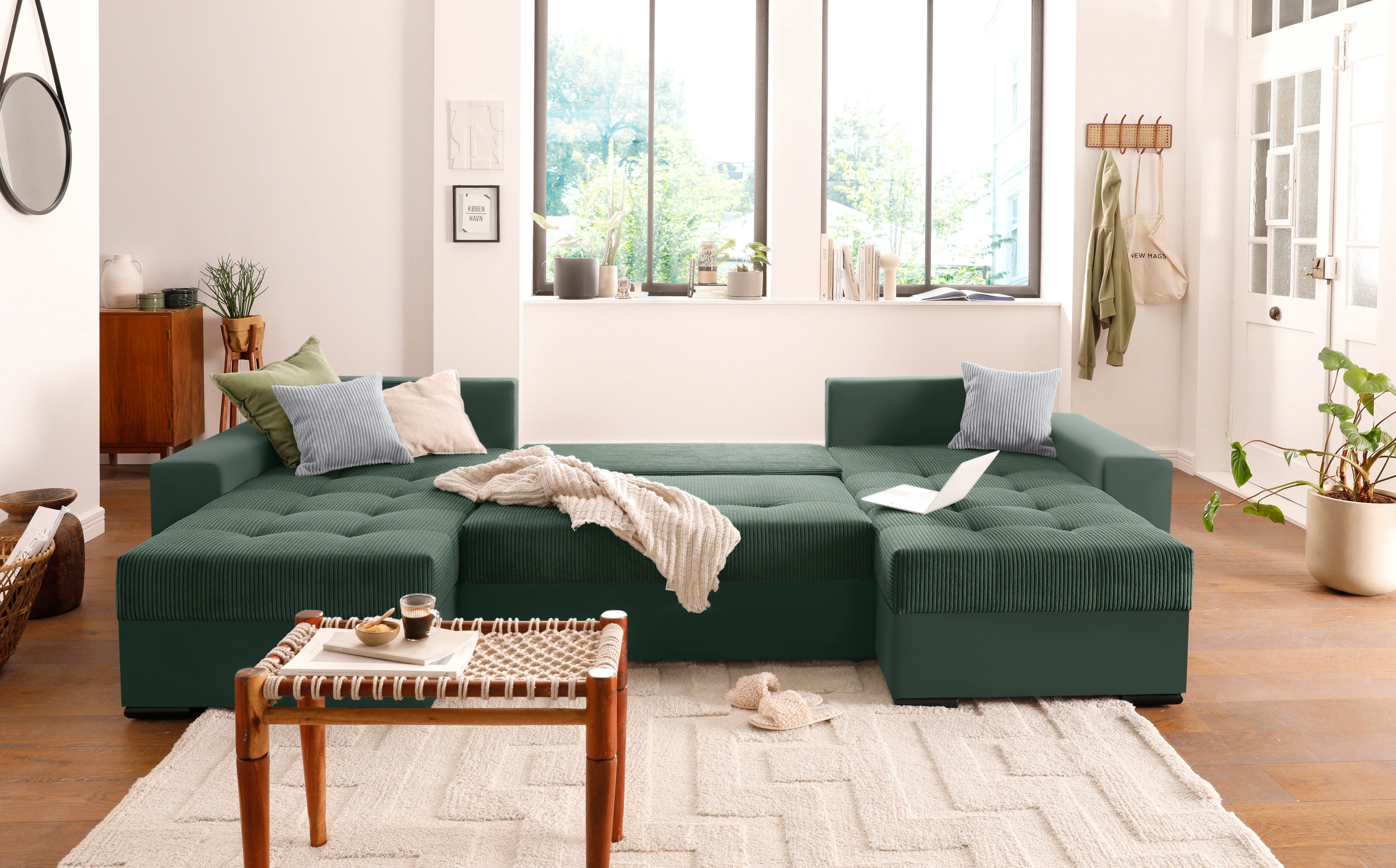 COLLECTION AB Zithoek XL-Josy U-vorm, breedte 313 cm, cord-/mix incl. bedfunctie, bedlade, met 4 gelijk grote rugkussens