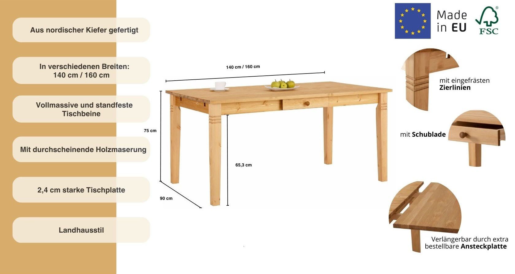 Home affaire Eettafel Danuta keuze met lade, van massief grenen, fsc®-gecertificeerd