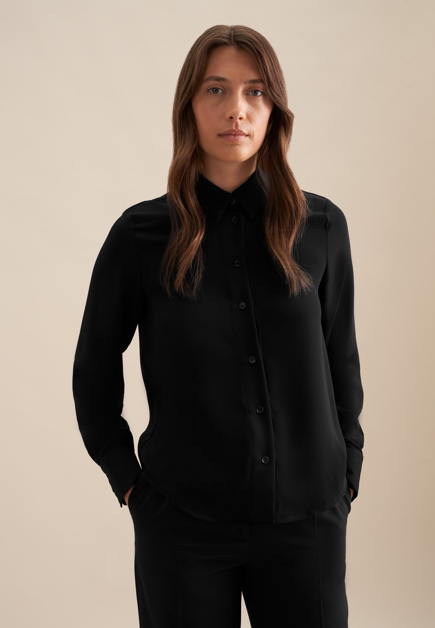 seidensticker Overhemdblouse Zwarte roos Lange mouwen kraag uni dames lange blouses maat XS (34) zwart
