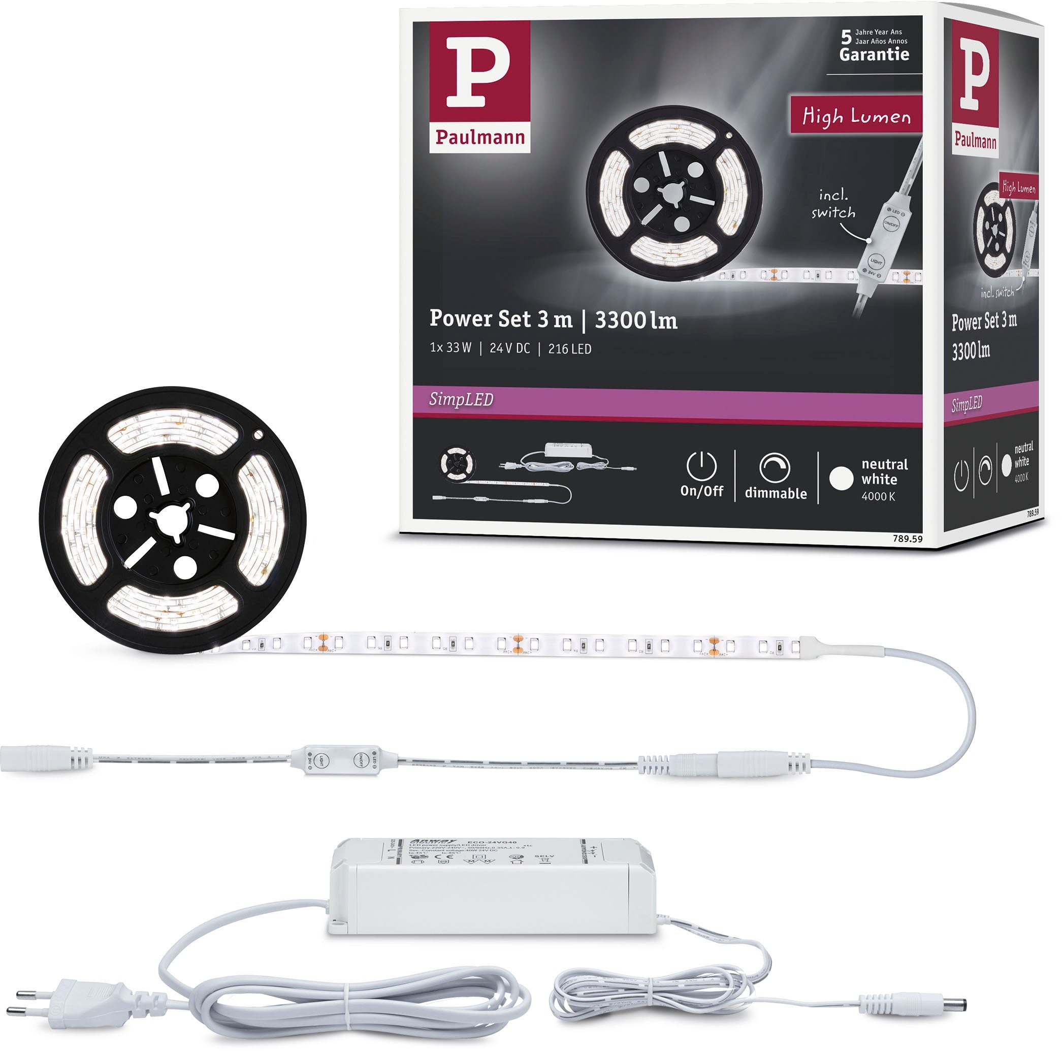Paulmann Led-strepen SimpLED Power Strip Set incl. Dimm/Switch 3m Neutraalwit 33W (1 stuk)