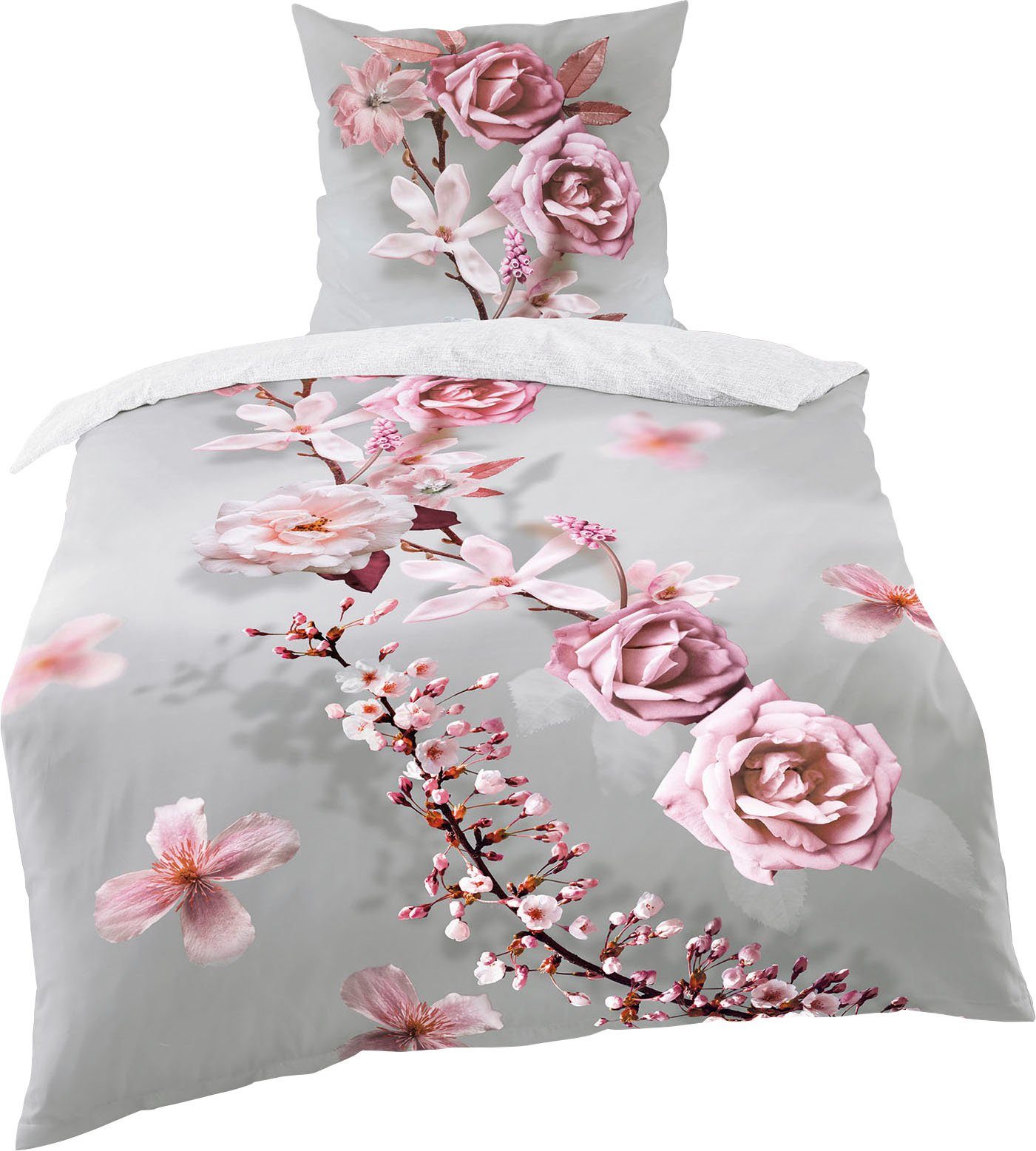 BIERBAUM Tweezijdig te gebruiken overtrekset Pink rose met bloemenprint (2-delig)