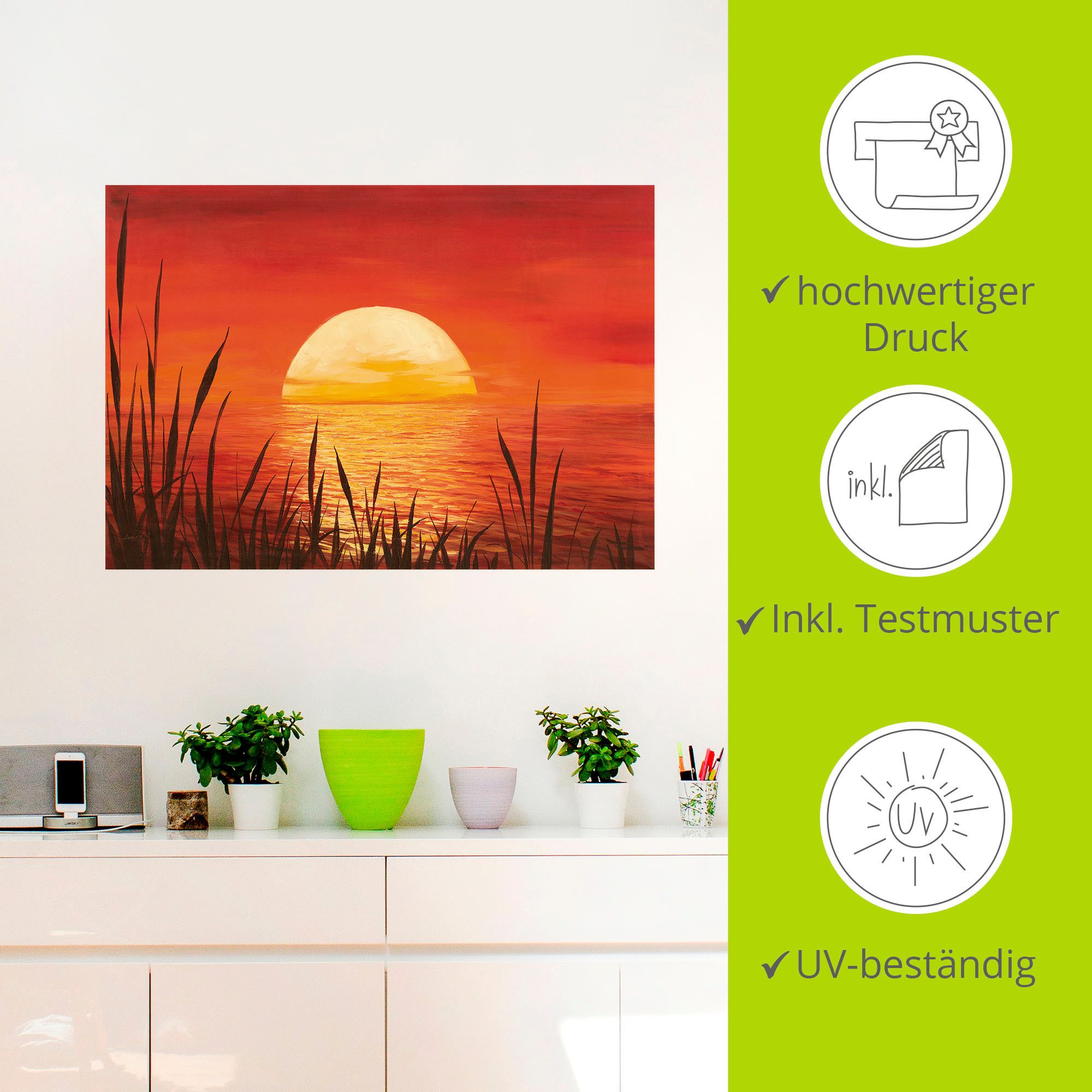 Artland Artprint Rode zonsondergang bij de oceaan als artprint van aluminium, artprint voor buiten, artprint op linnen, poster, muursticker