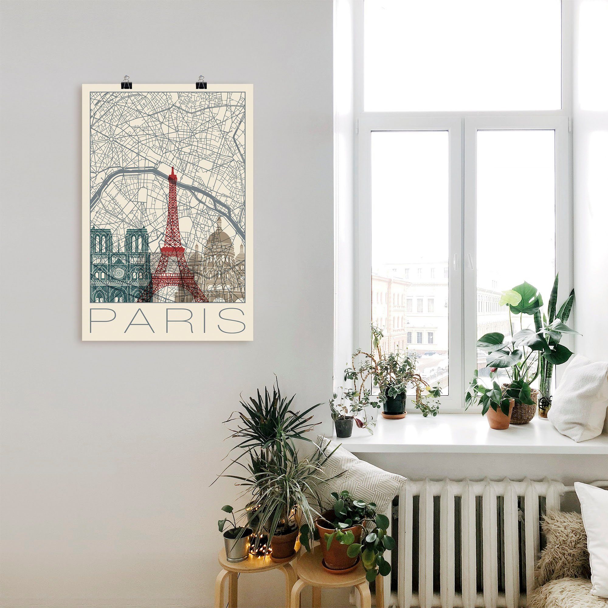 Artland Artprint Retro kaart Parijs Frankrijk en skyline als artprint van aluminium, artprint voor buiten, poster in diverse formaten
