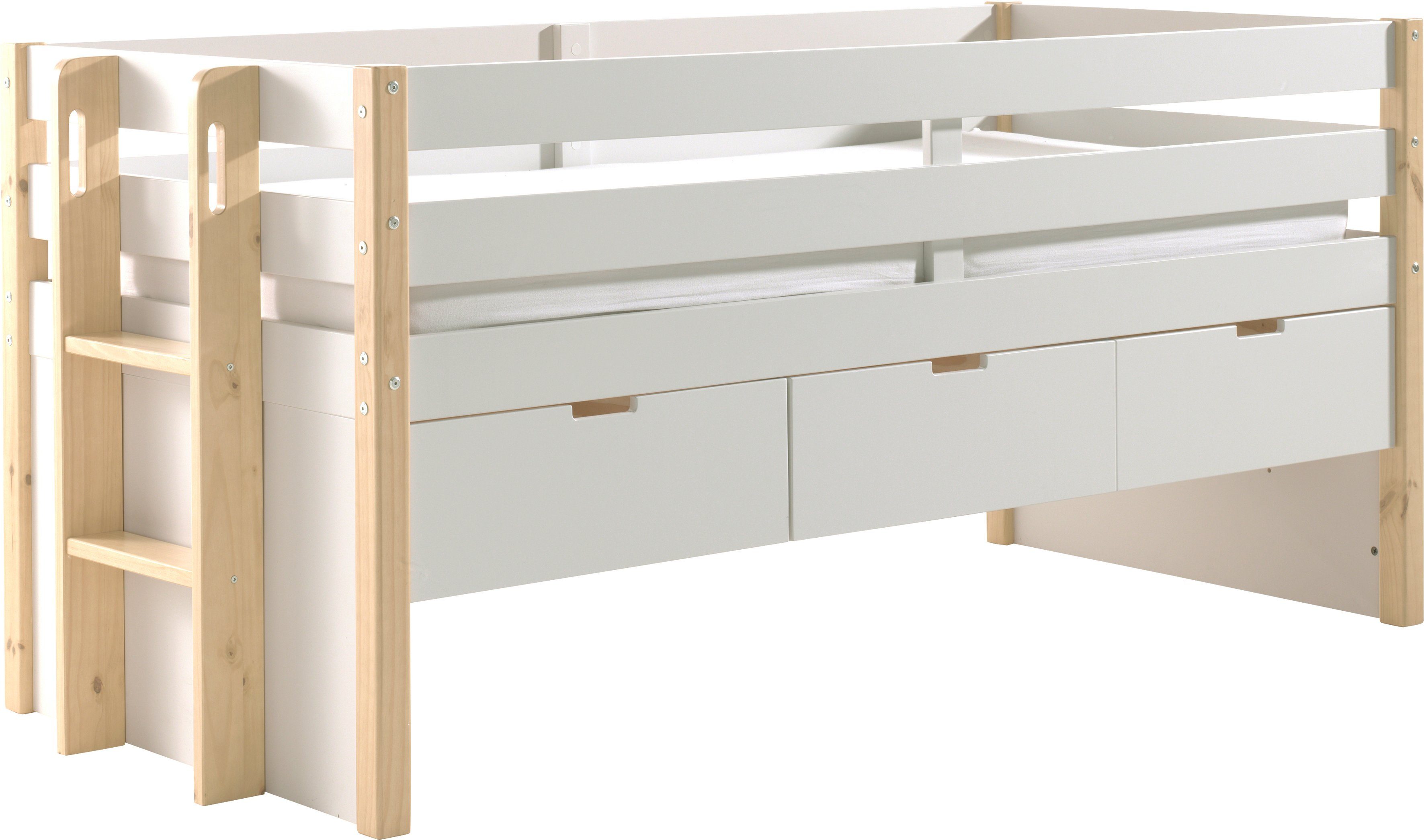 Vipack Hoogslaper Valbeveiliging, ligoppervlak 90x200 cm, lattenrol, uitvoering wit/naturel