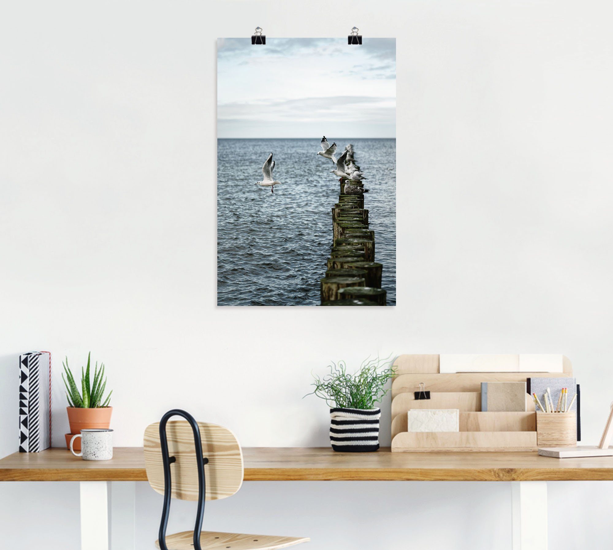Artland Artprint Möwen starten von einer Buhnenreihe als artprint van aluminium, artprint voor buiten, poster in diverse formaten