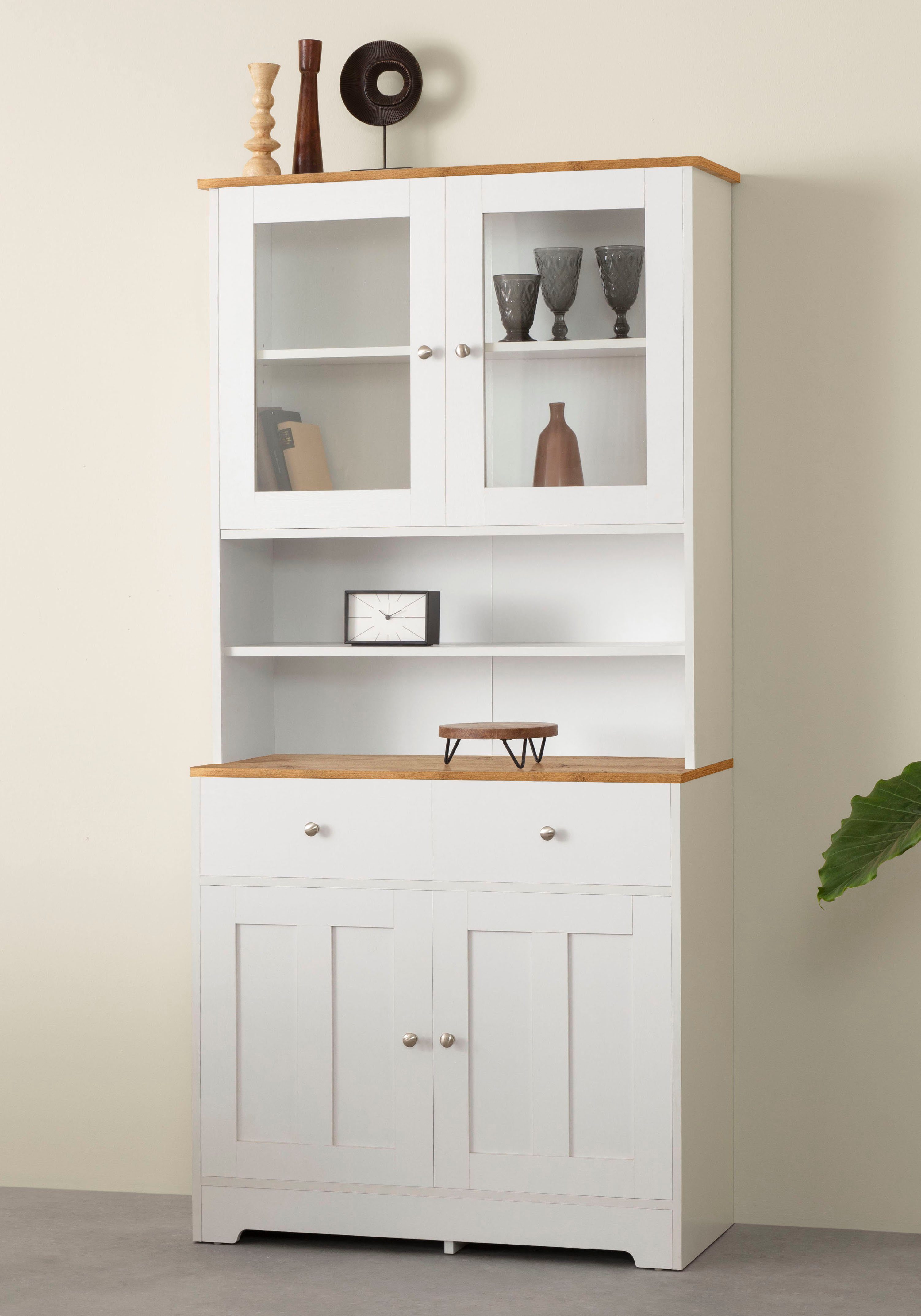 Home affaire Buffetkast Kate Breedte 88 cm, met glasdeuren en houten deuren, metalen handgrepen, hoogte 182 cm