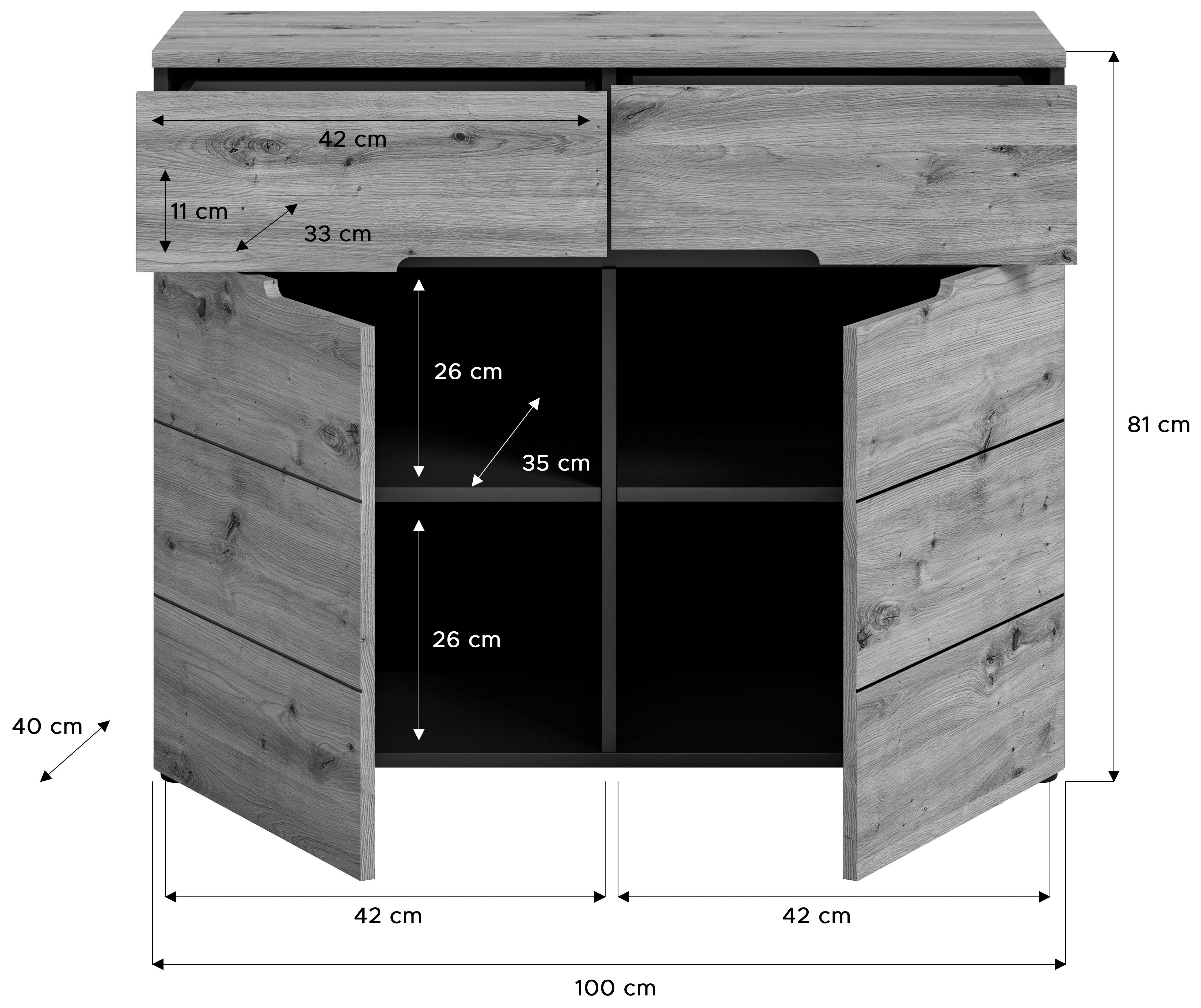 INOSIGN Kast Rehat, Breedte 100cm, Basaltgrijs/Artisan Eik, 2 deuren, 2 lades