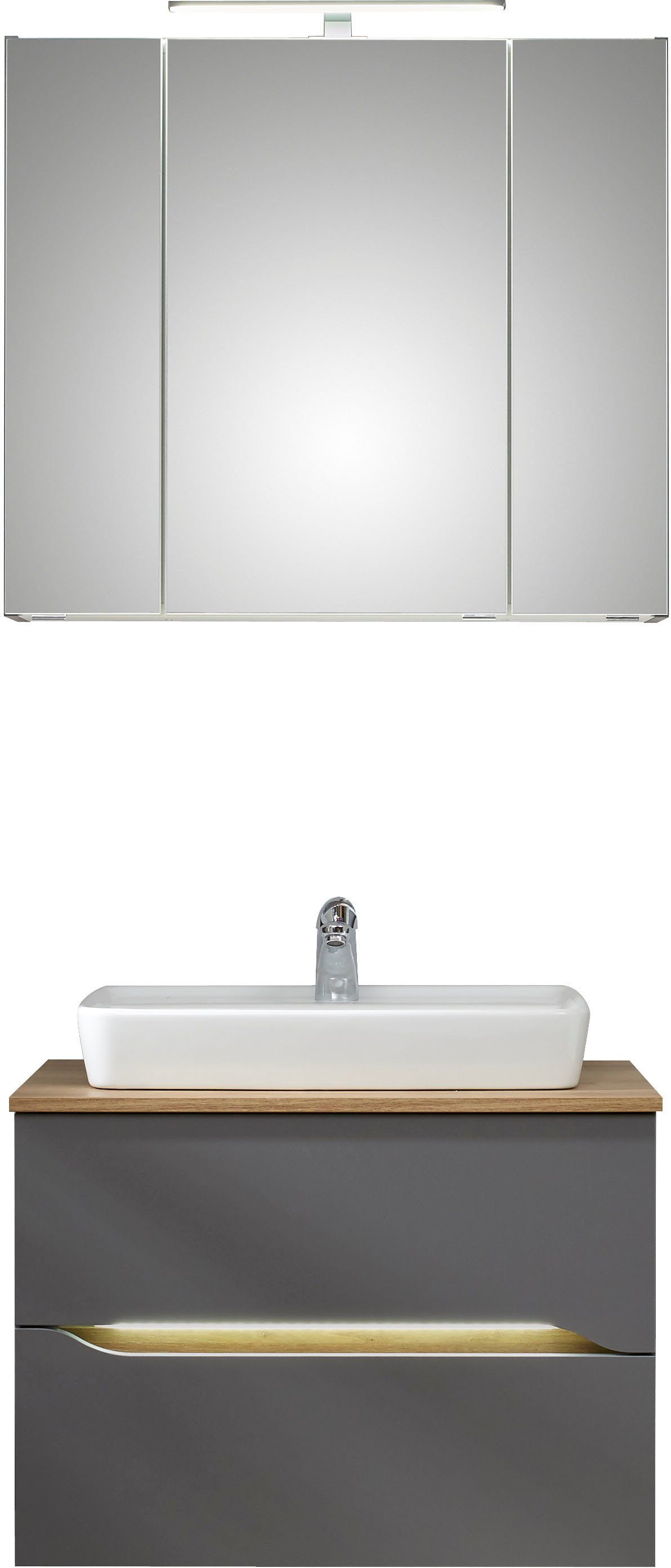 Saphir Badkamerserie Quickset 2-delig, keramieken opzetwasbak met led-spiegelkast Wastafel 80 cm breed, inclusief deurdemper, 3 deuren, 2 lades