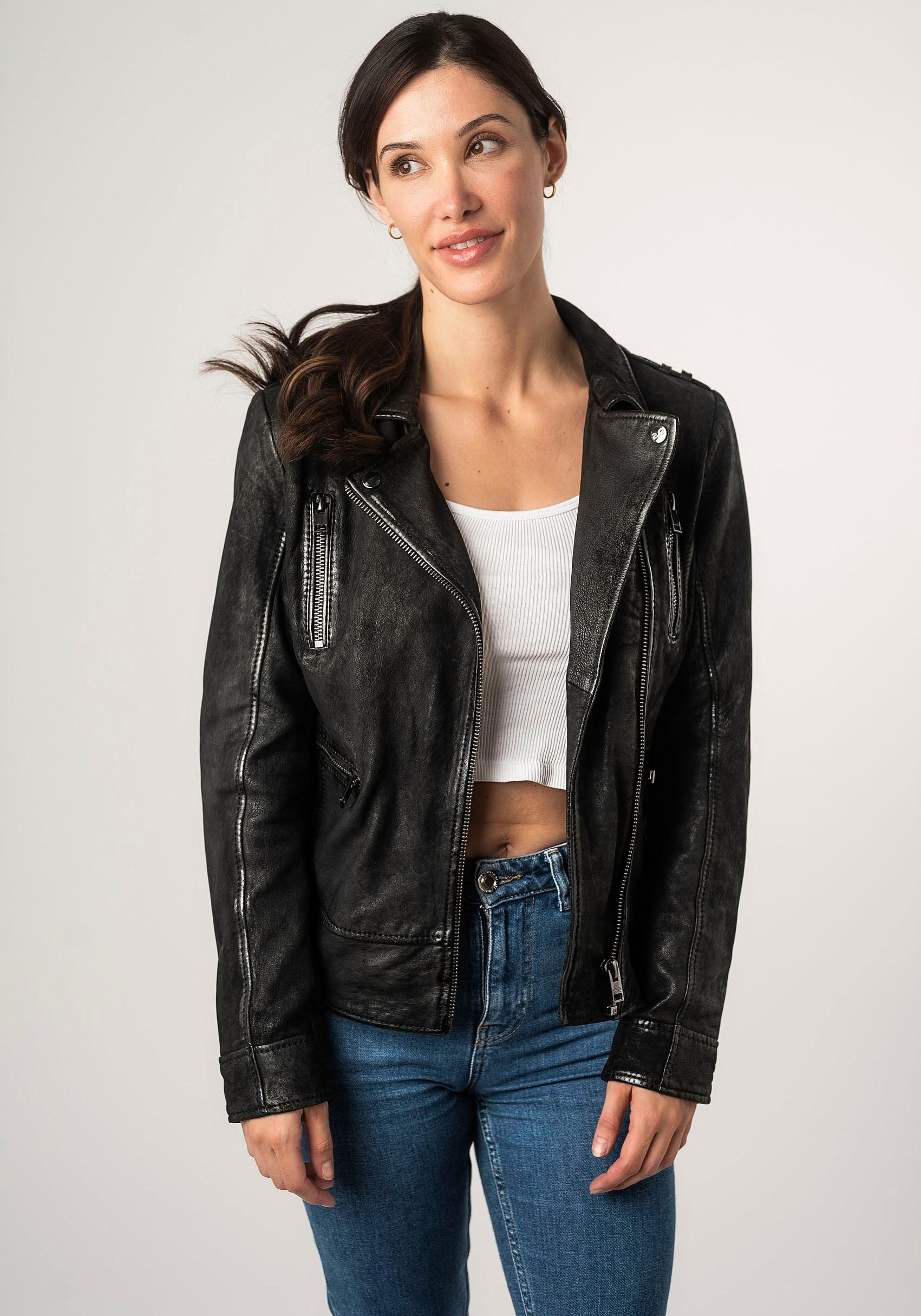 Mauritius Leren jack 2Wtashi met schouderflappen, met studs, met ritszakken