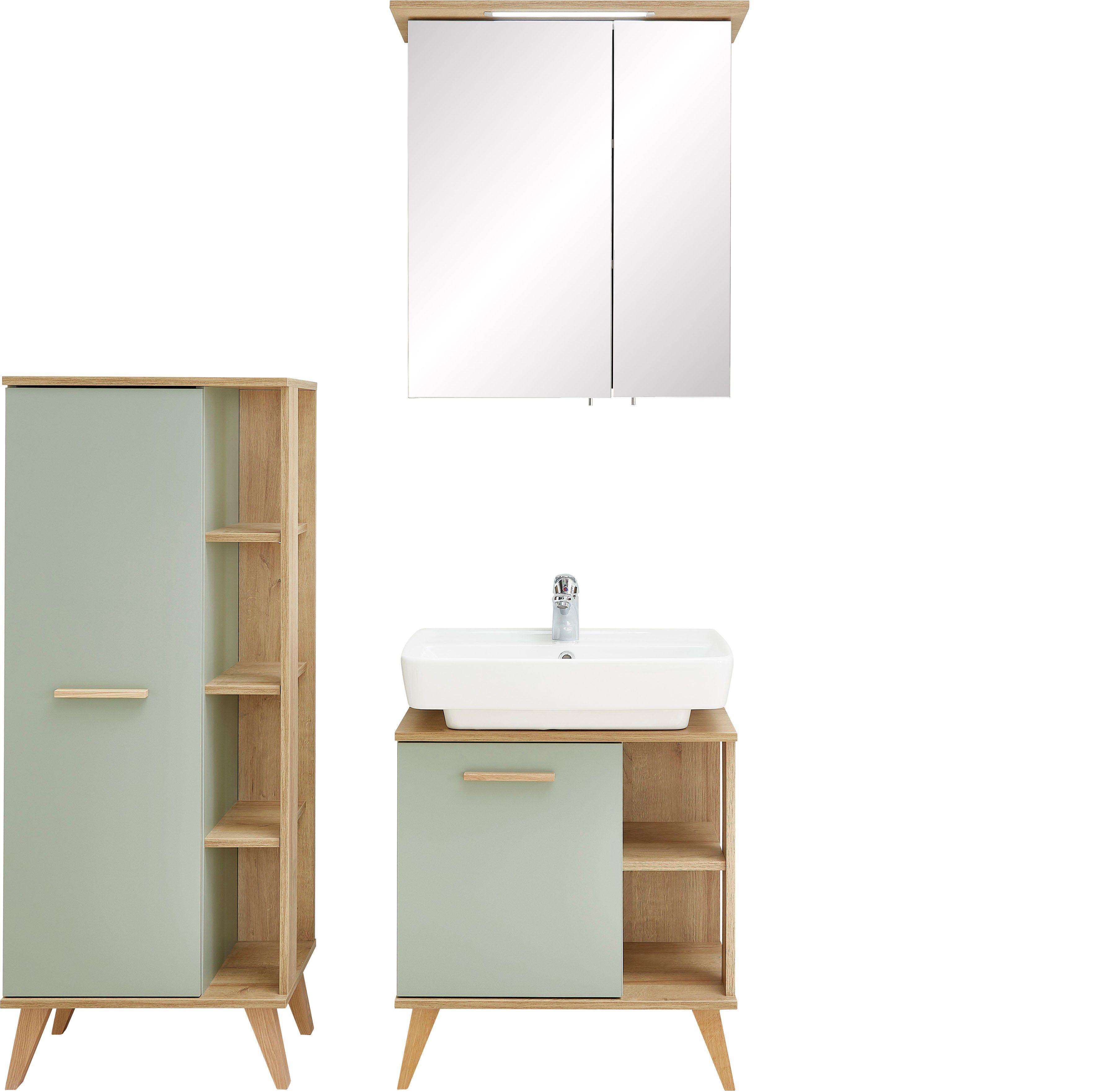 Saphir Badkamerserie Quickset 3-delig, wastafelonderkast met led-spiegelkast Halfhoge kast, incl. deurdemper, 4 deuren, 5 planken, badkamer set (3-delig)