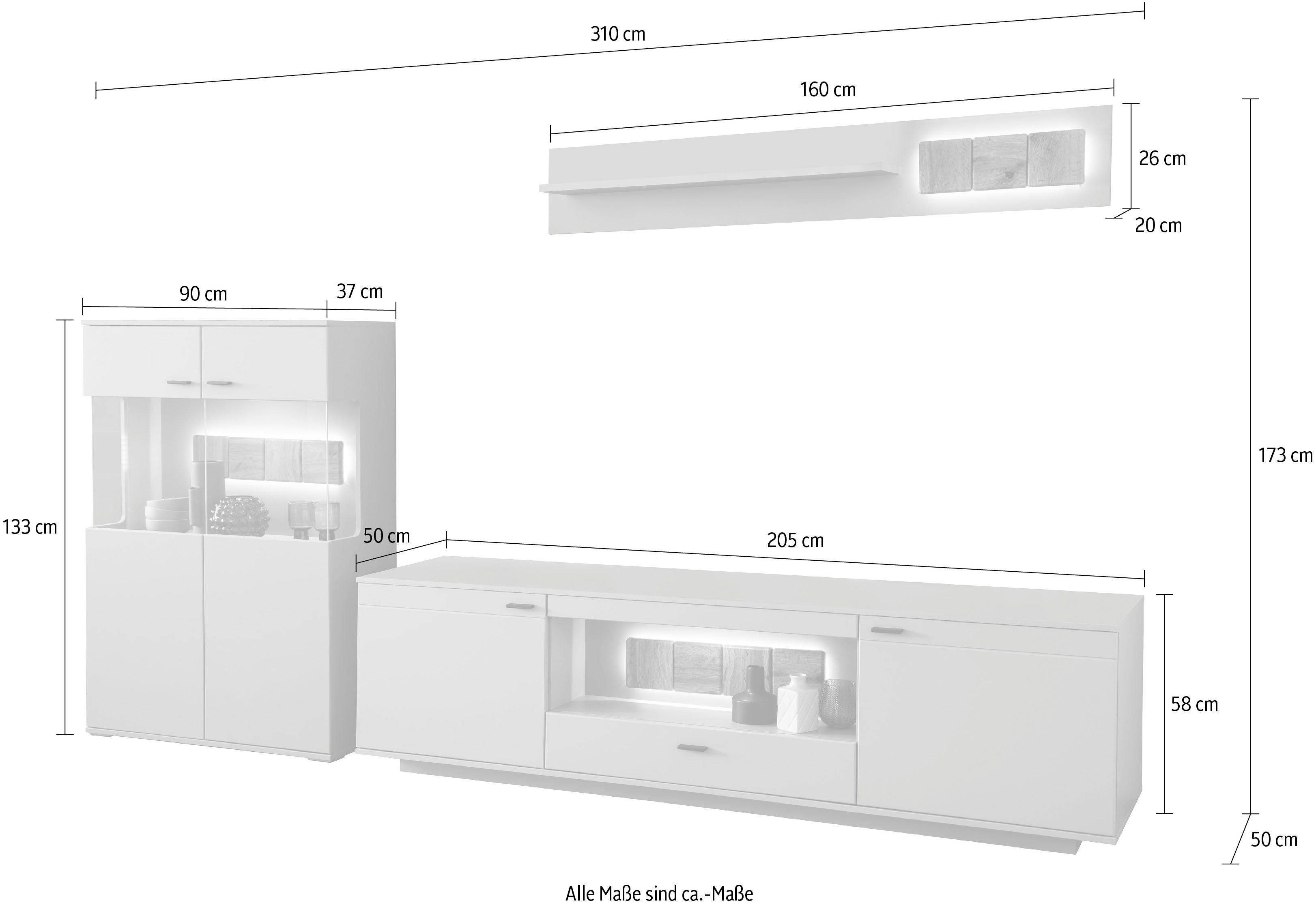 MCA furniture Wandmeubel Zadar moderne woonwandcombinatie in noordpool-grijs, naar keuze met verlichting (3-delig)
