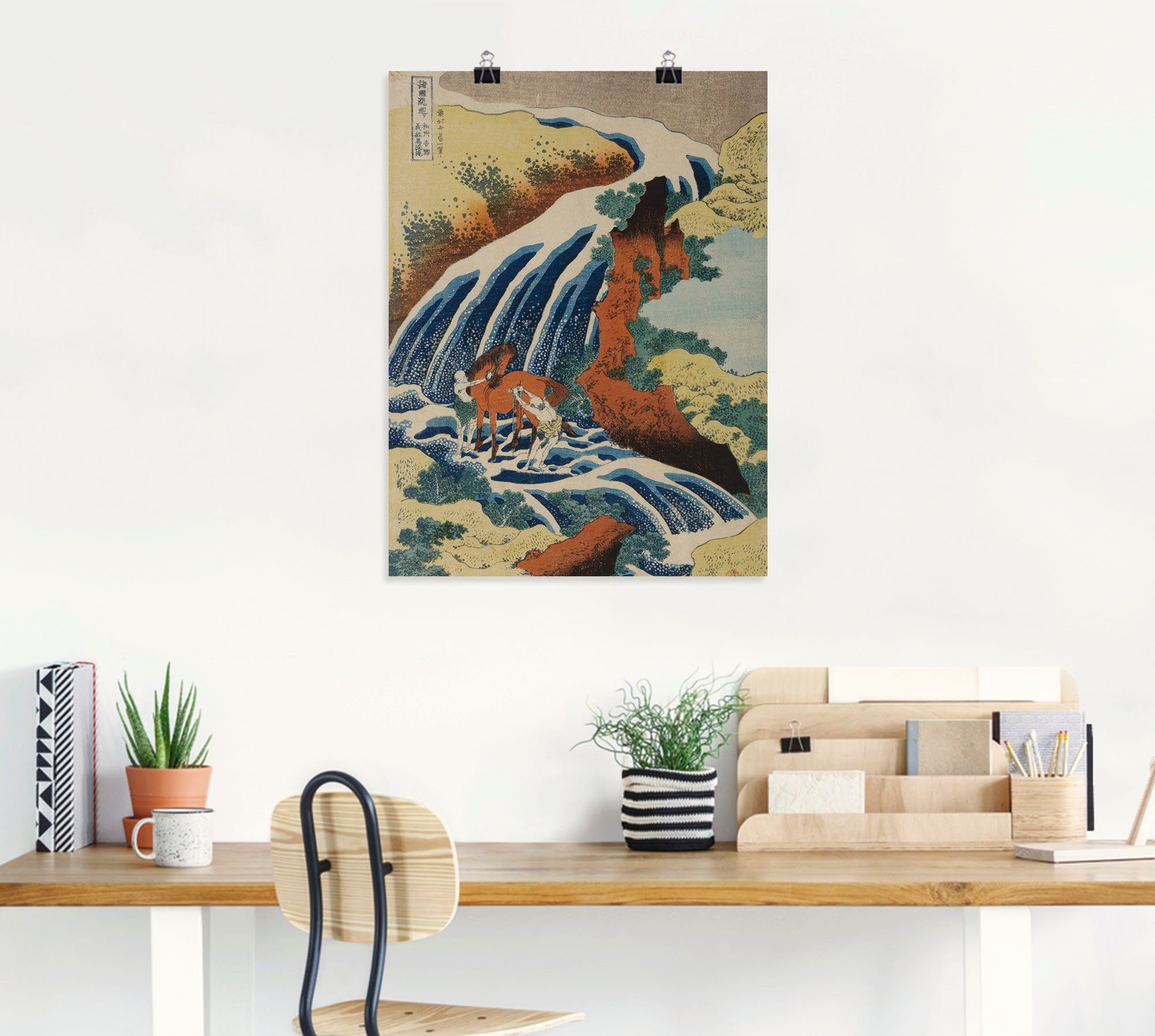 Artland Artprint Mannen wassen een paard bij de waterval als artprint op linnen, muursticker of poster in verschillende maten