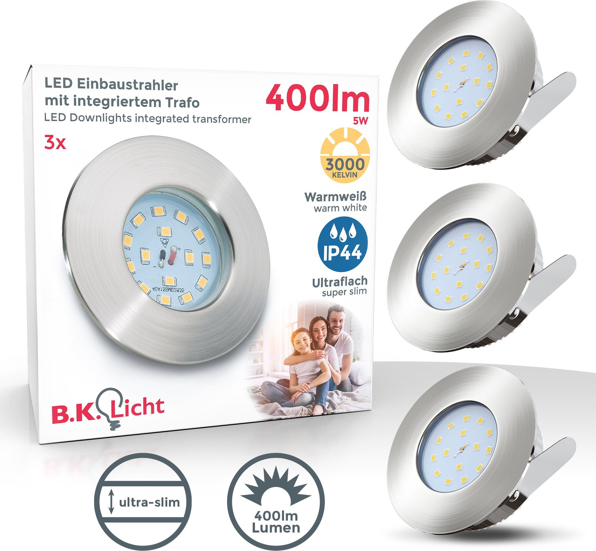 B.K.Licht Ledinbouwlamp 3-pack badkamer inbouwspots, IP44 beschermd, LED inbouwspots, plat