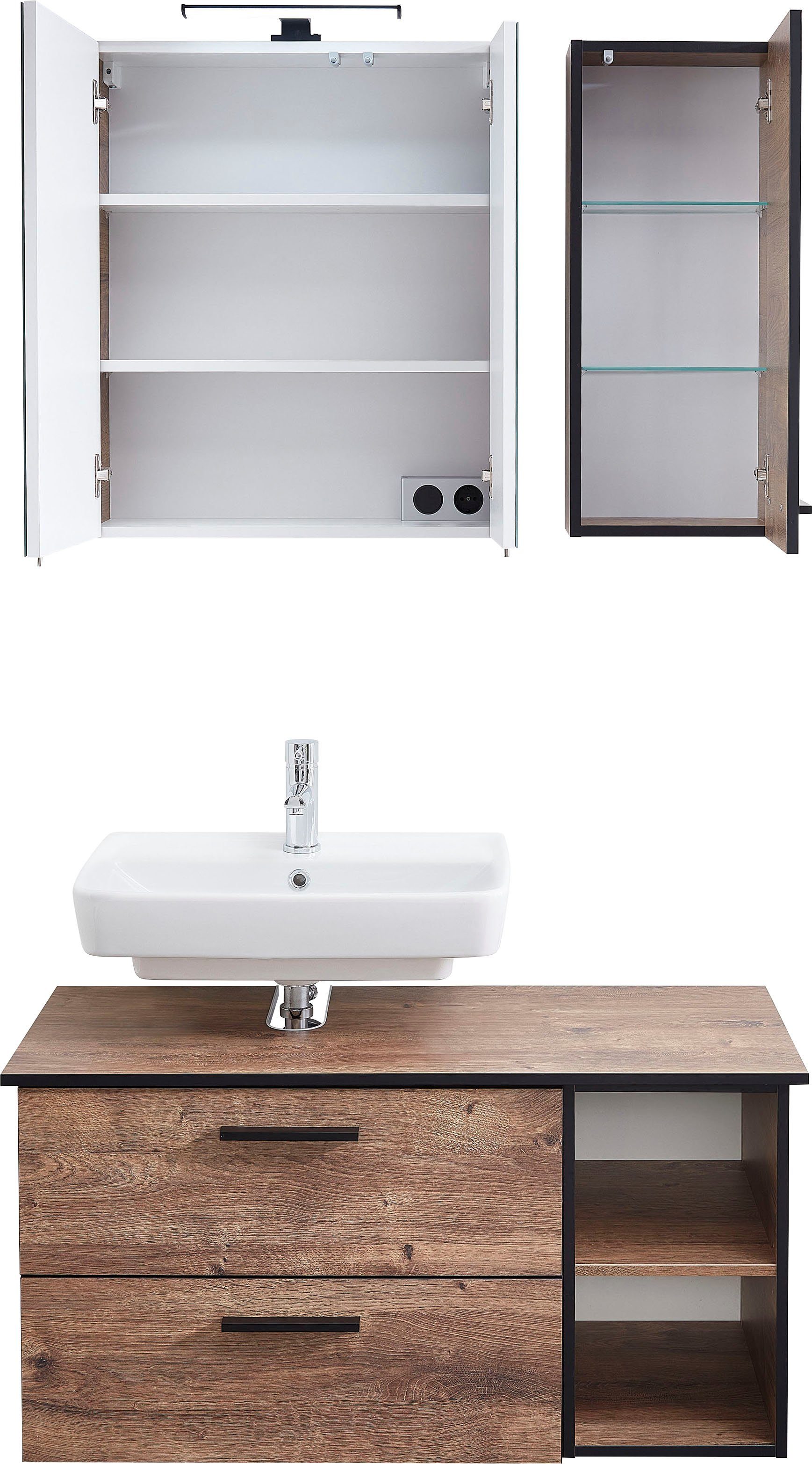 Saphir Badkamerserie Quickset 374 3-delig, wastafelonderkast met LED-spiegelkast 103 cm breed, 4 deuren, 2 laden, 2 open vakken, incl. deurdempers (5-delig)