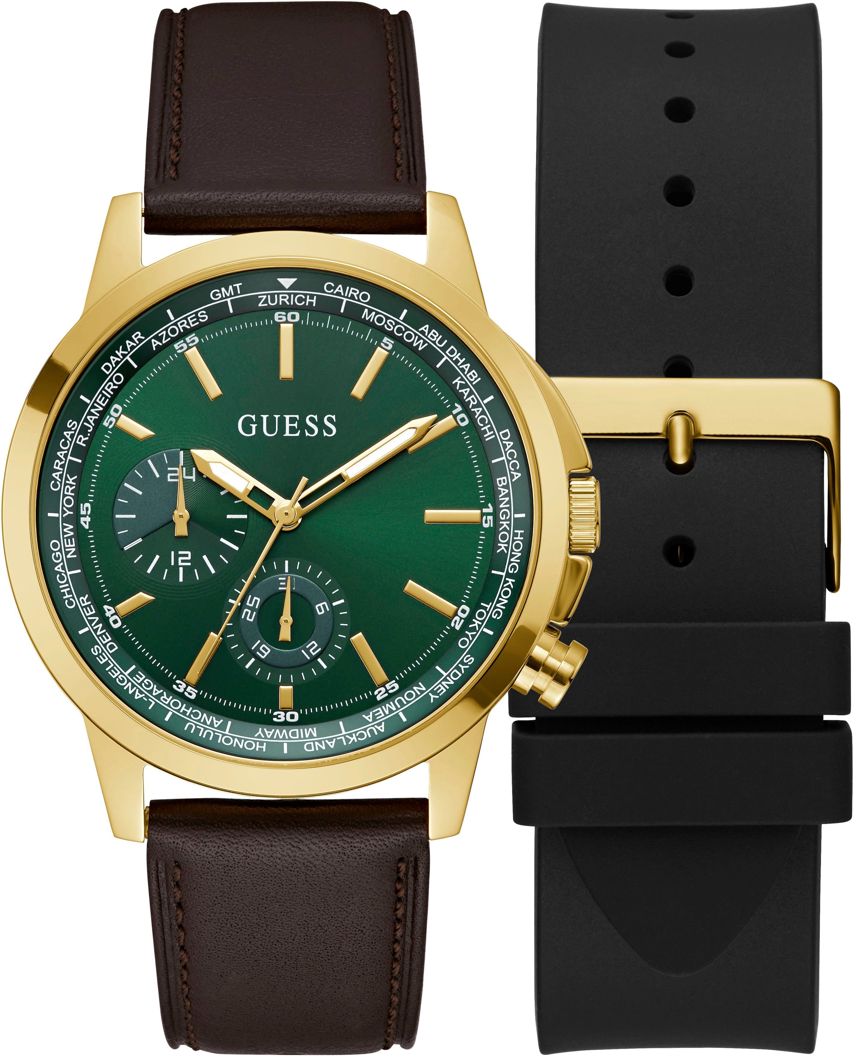 Guess Multifunctioneel horloge SPEC Polshorloge, quartz horloge, herenhorloge (set, 2-delig, Met zwart siliconen verwisselbaar bandje) heren horloges