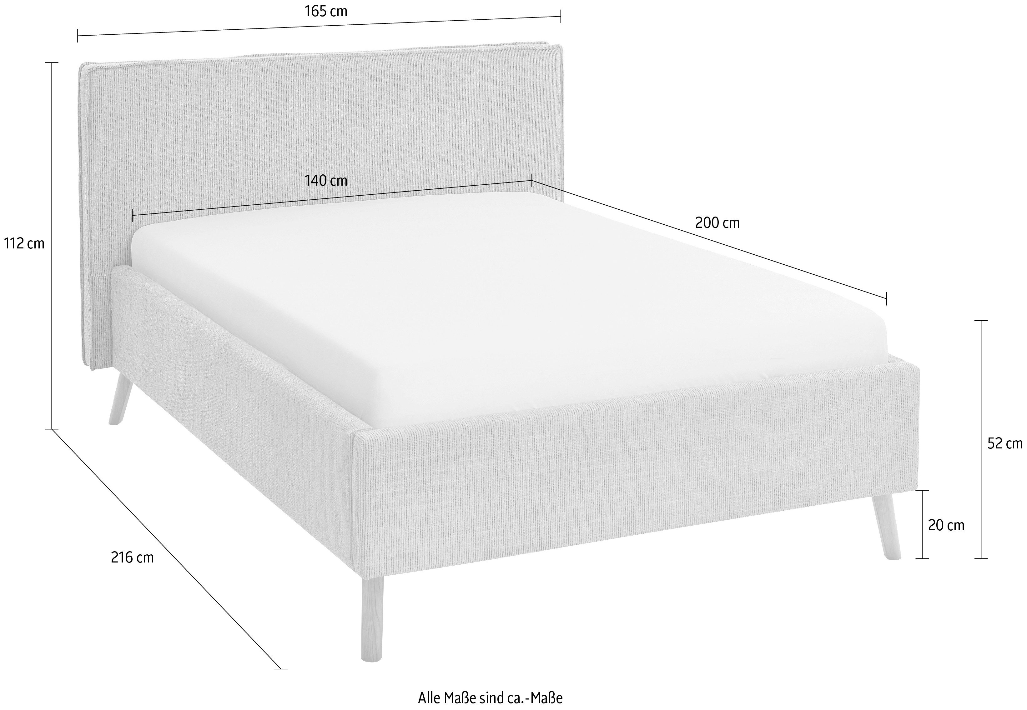 meise.möbel Gestoffeerd bed Riva met eikenkleurige houten poten, naar keuze met bedkist en lattenbodem