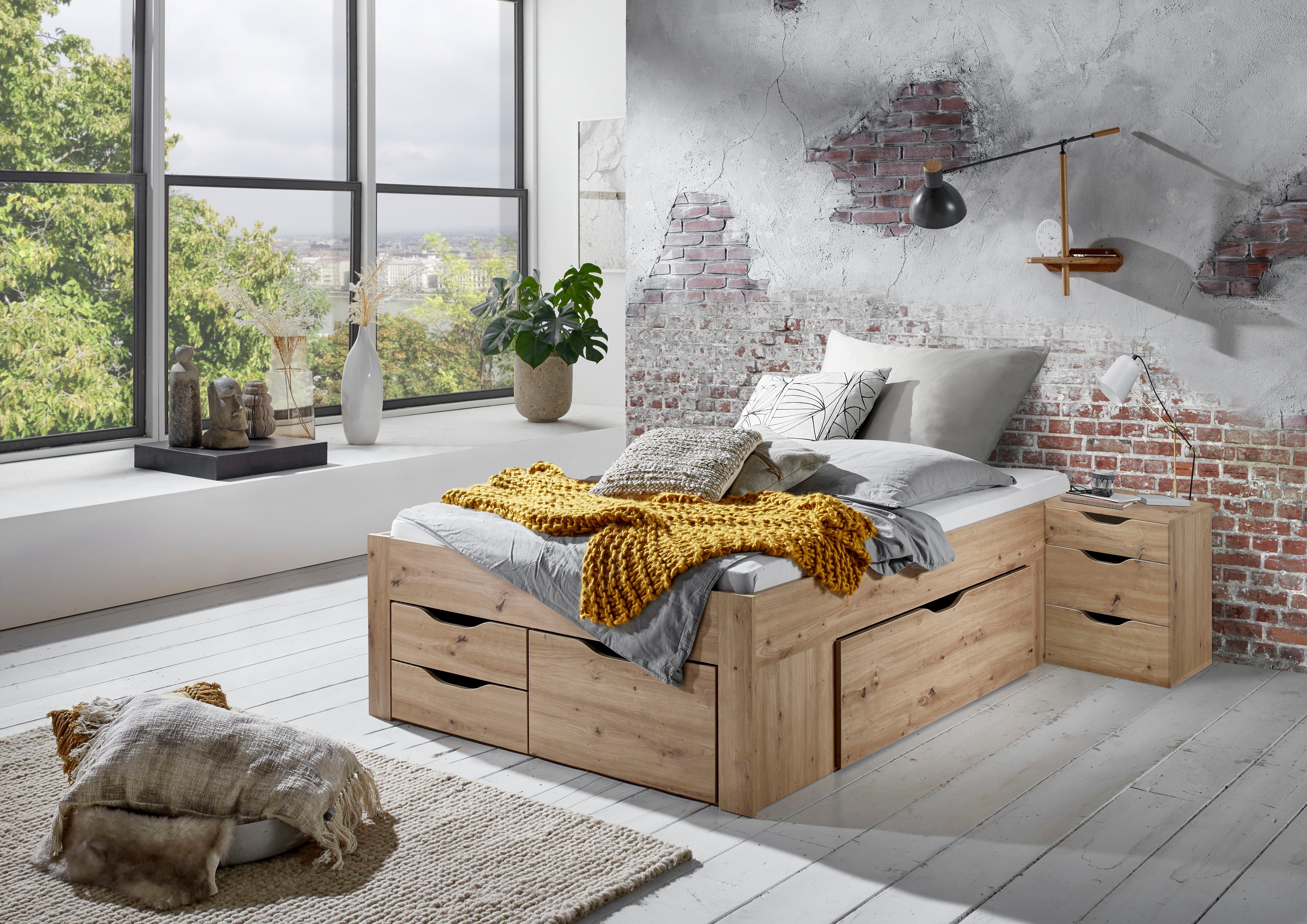 Relita Ledikant met bergruimte met laden en matras, 2 breedten, 2 decorkleuren melamine