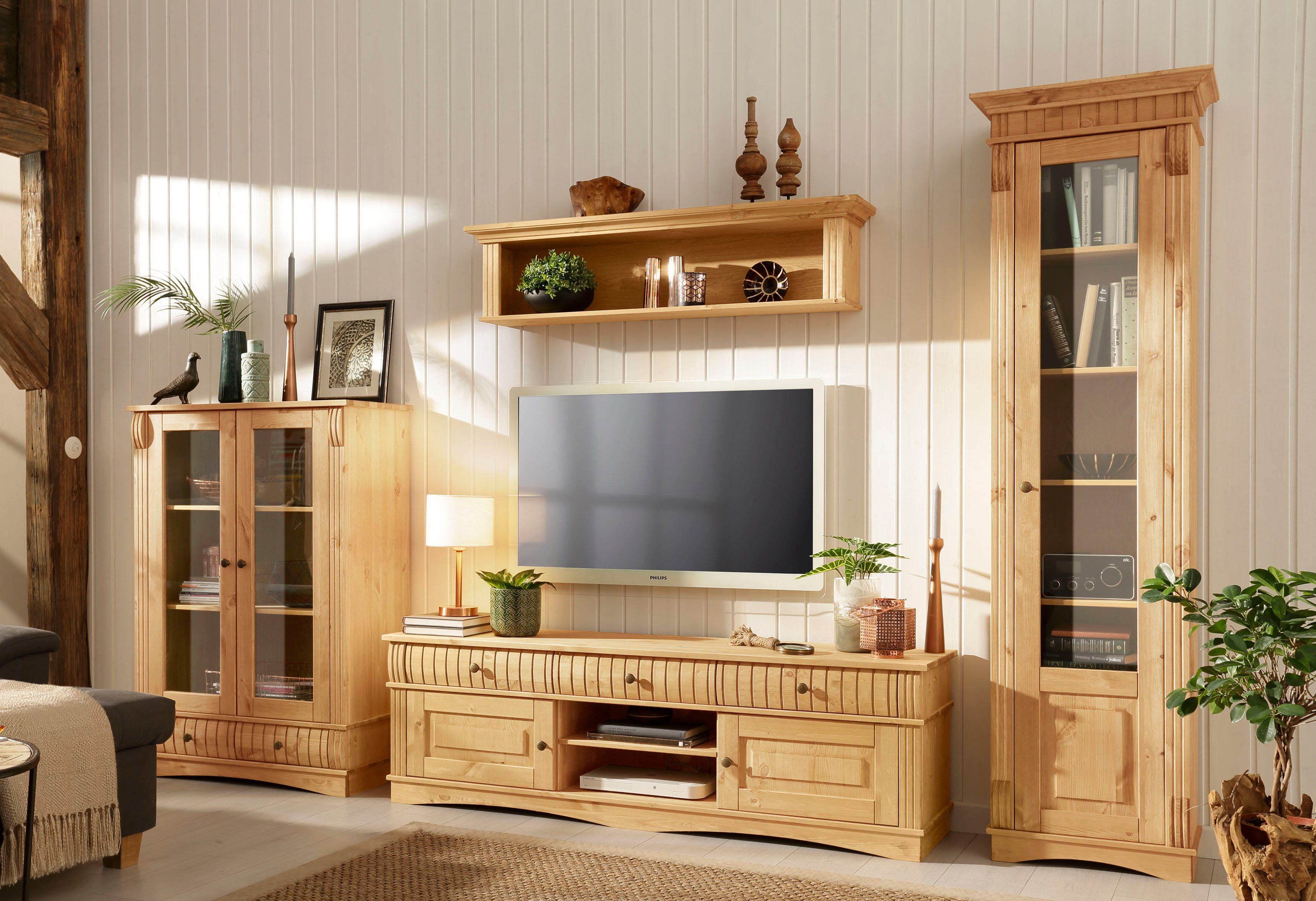 Home affaire Vitrinekast Teresa met 2 glazen deuren en 2 lades, hoogte 120 cm, van massief hout