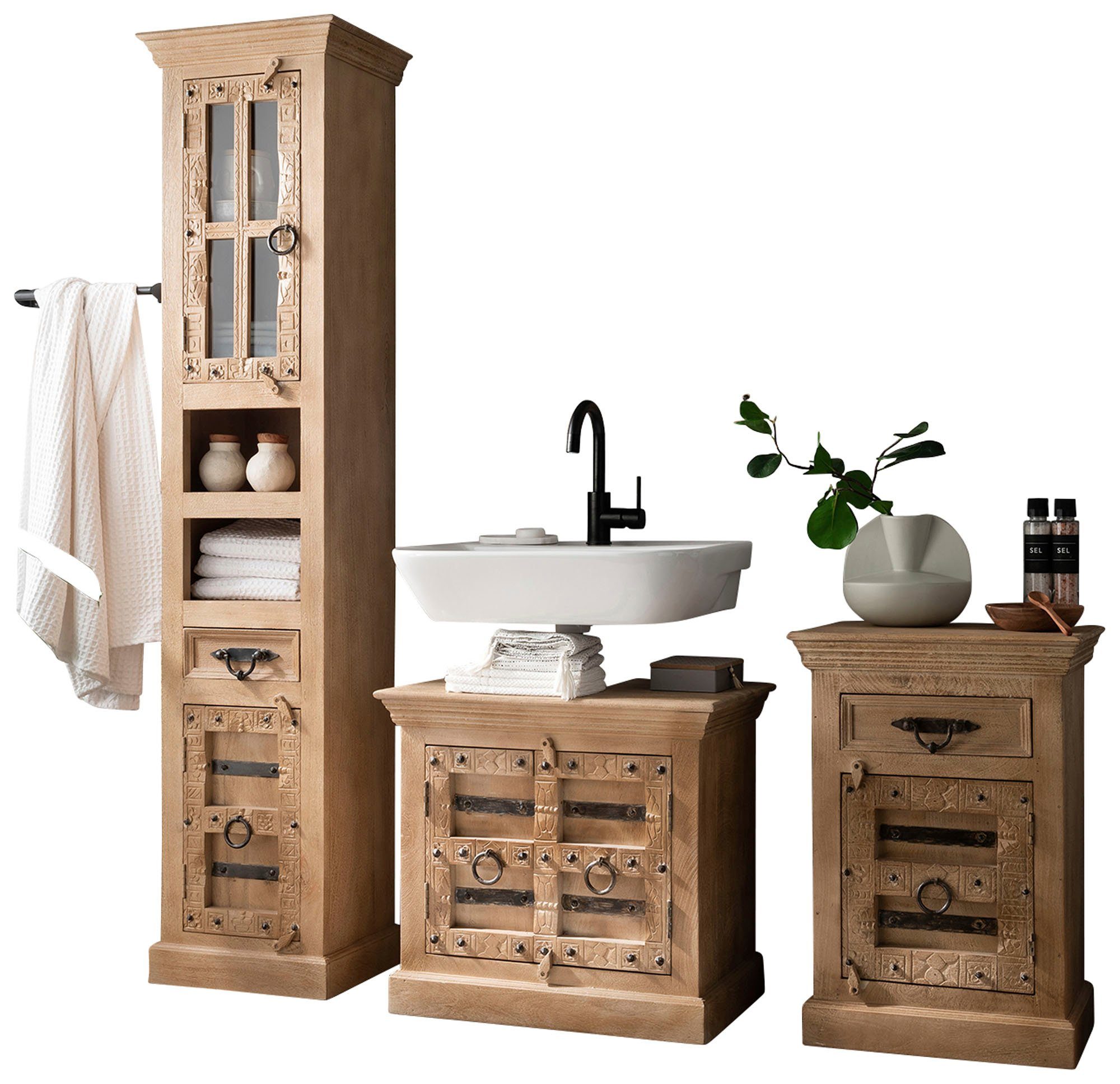 SIT Badmeubelset Front met ingewikkelde houtsnijwerk, ringgrepen & beslag van metaal (set) badmeubelsets beige
