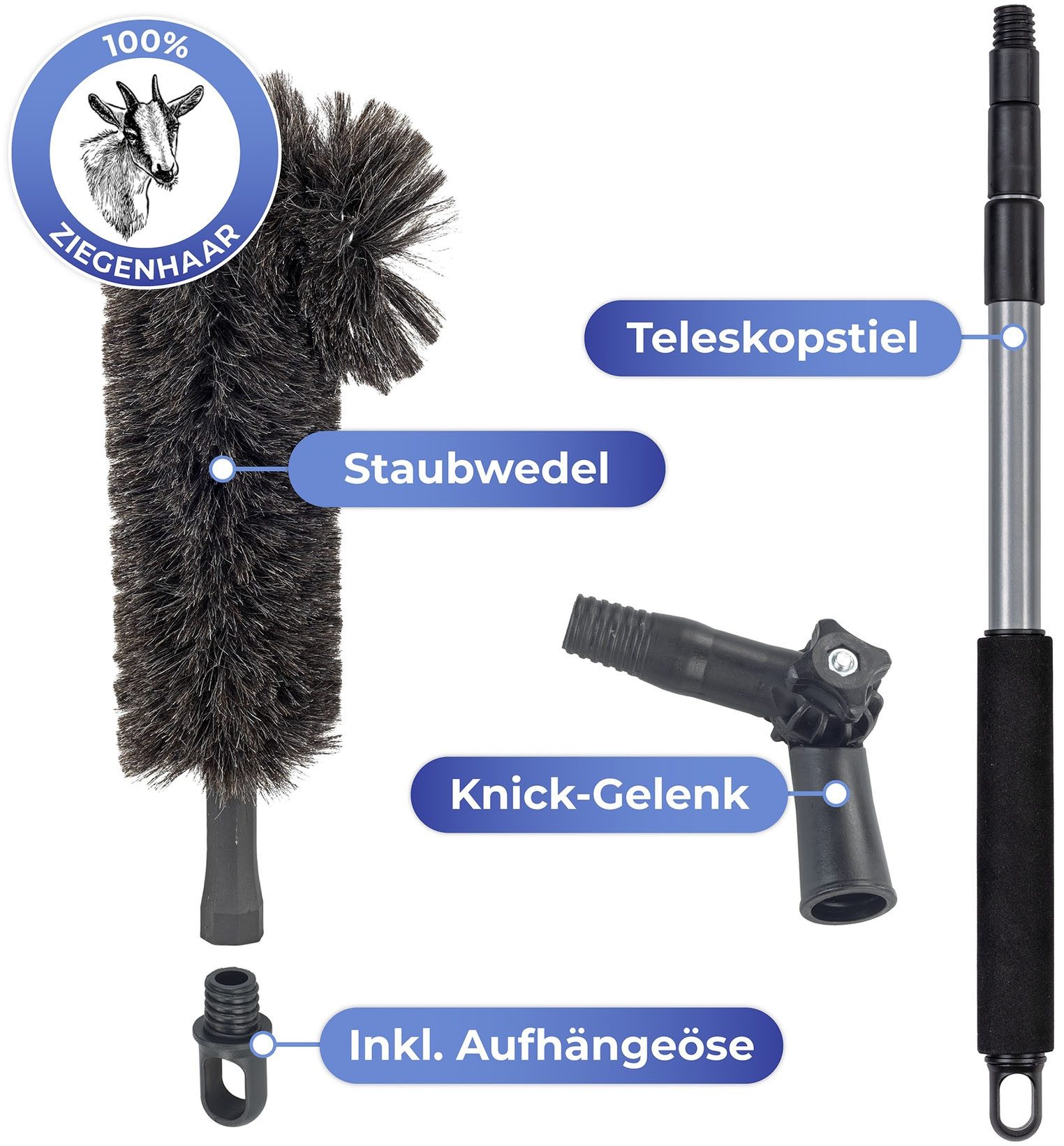 Maximex Zachte borstel Geitenhaar met knikverbinding en telescopische steel Stofdoek, 100% geitenhaar, speciale haaknaaldvorm voor hoeken