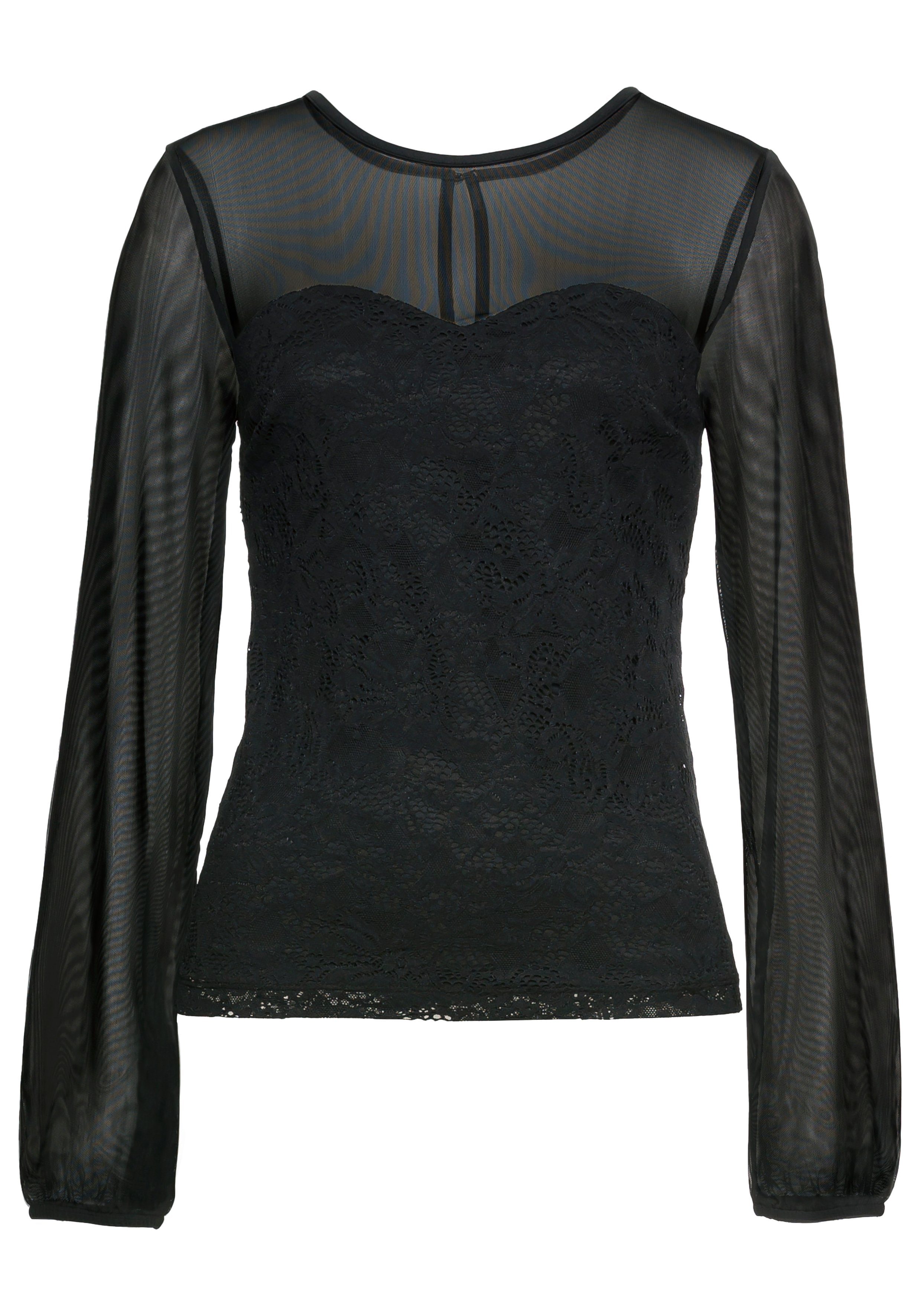 Melrose Shirt met lange mouwen getailleerde pasvorm, van netstof, met viscose voering, met kant