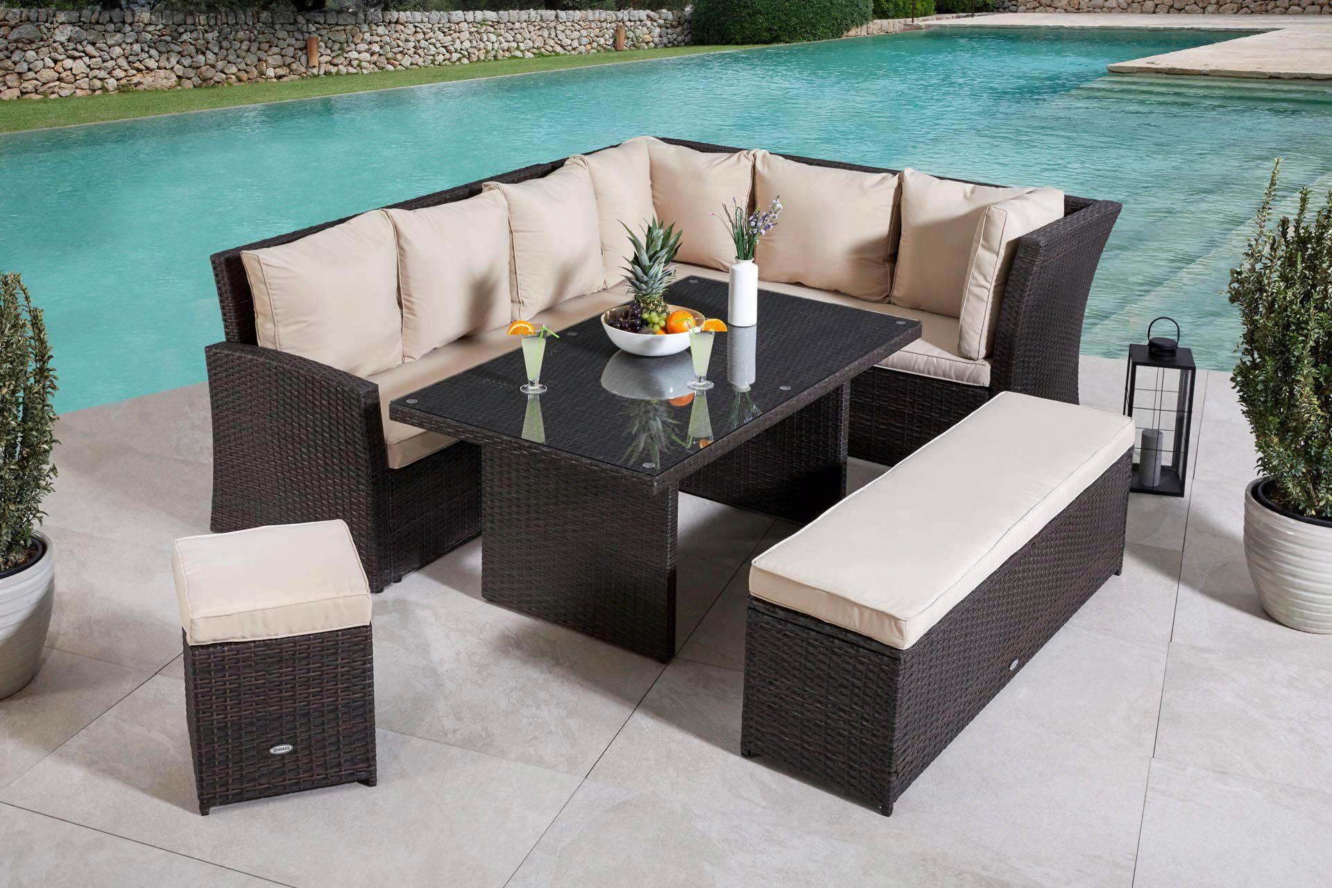MERXX Tuinset Barcelona 2 banken, zitbank, hocker, tafel (5-delig)