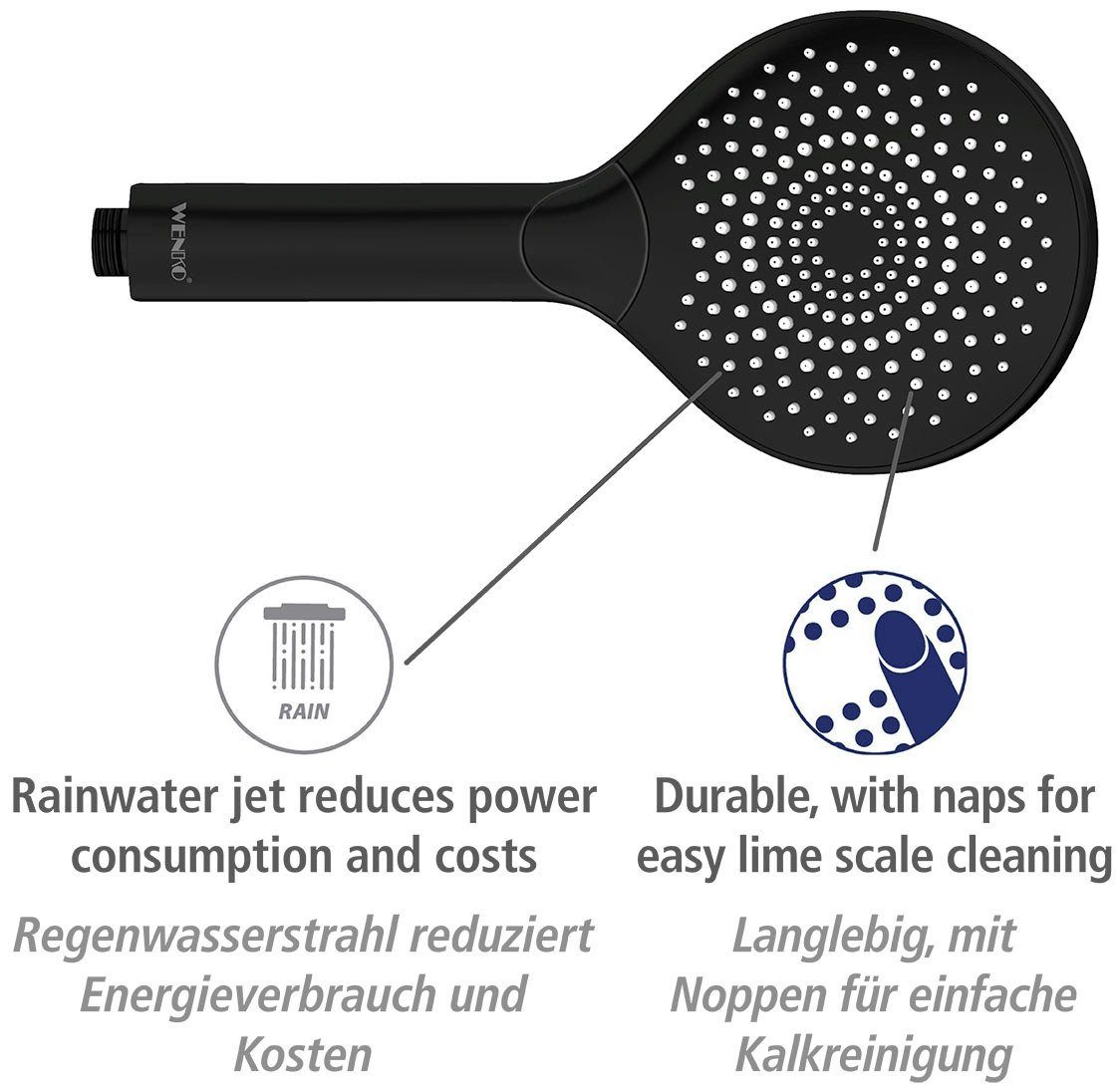 WENKO Handsproeier Watersaving Zwart mat, Ø 12 cm (1-delig)