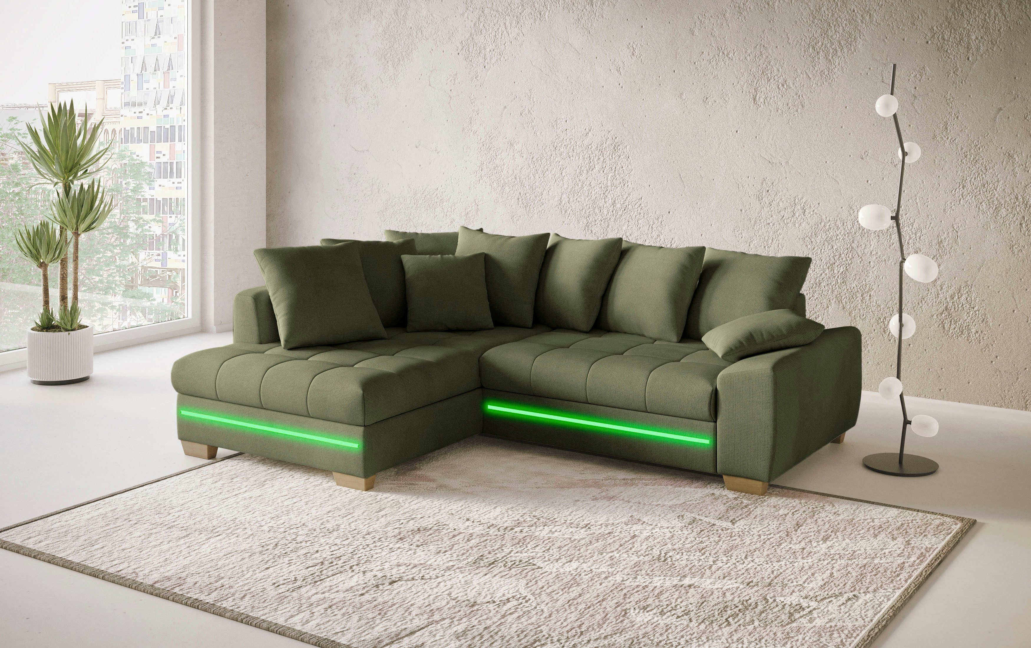 Mr. Couch Hoekbank Nikita II, L-vorm met koudschuim, rgb-led-verlichting, optioneel met bed, bedlade
