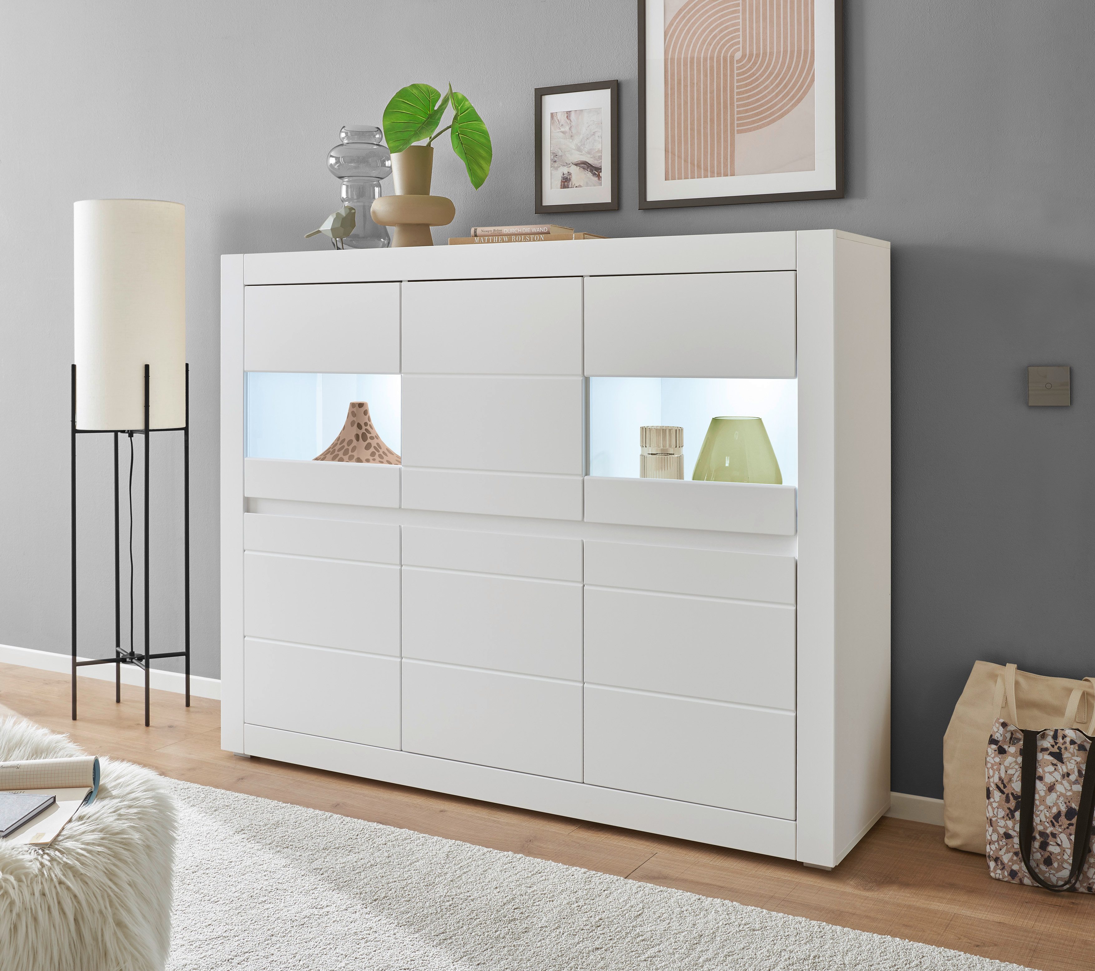 INOSIGN Highboard Chester, moderne ladekast, Kast met opbergruimte, Sideboard in Mat Wit (1 stuk)