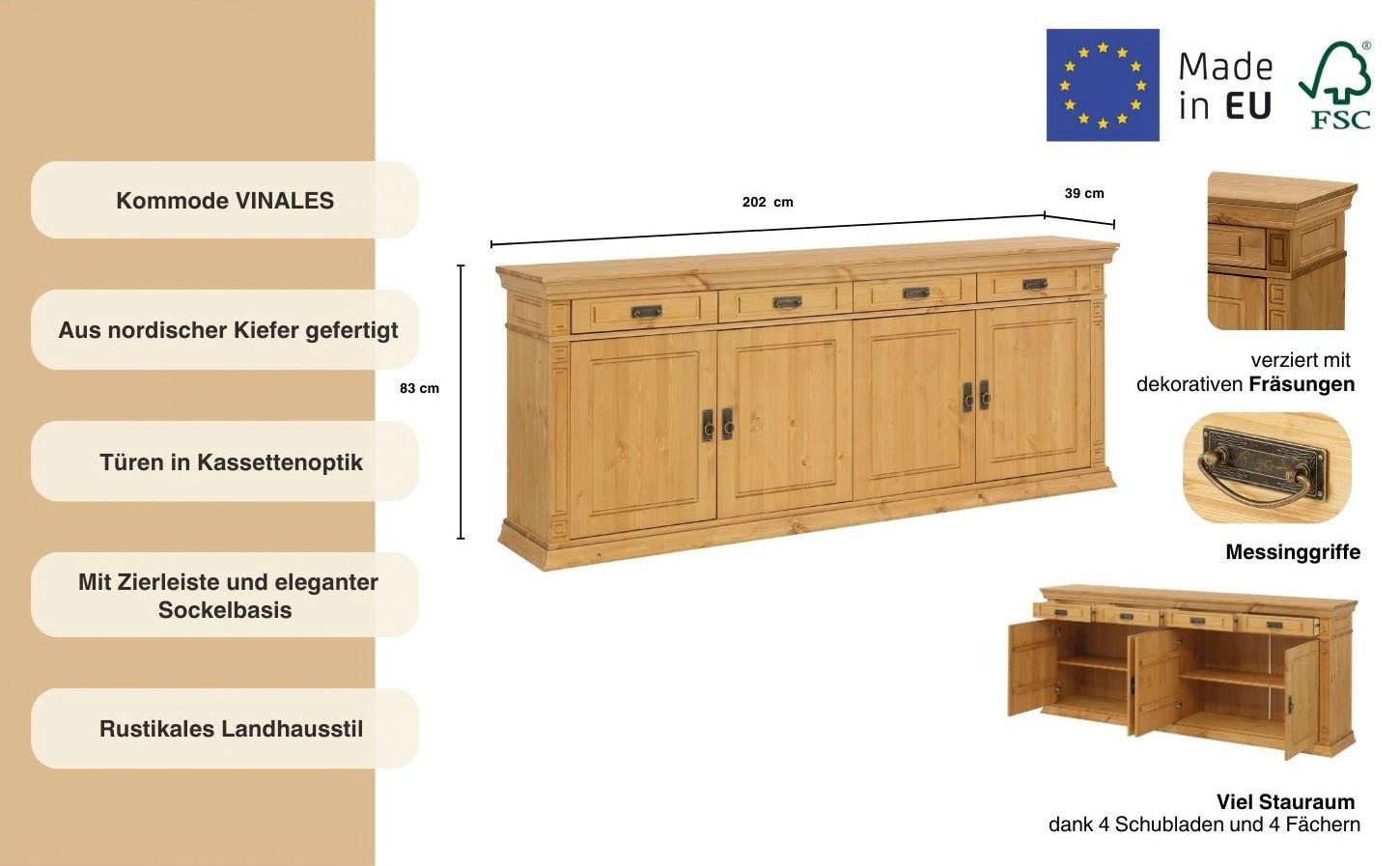 Home affaire Dressoir Vinales Commode in klassieke landelijke stijl, breedte 202 cm