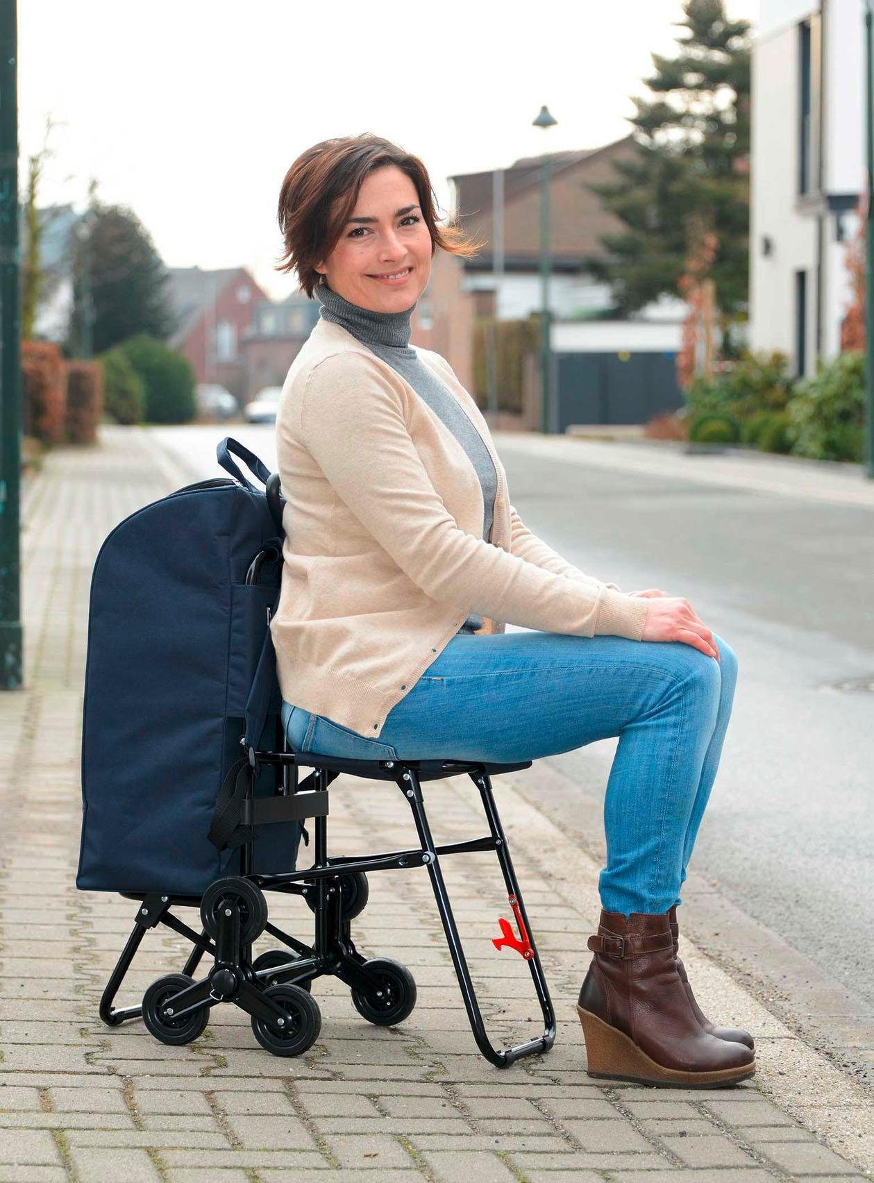 WENKO Boodschappentrolley met zitje en driewielsysteem voor traplopen
