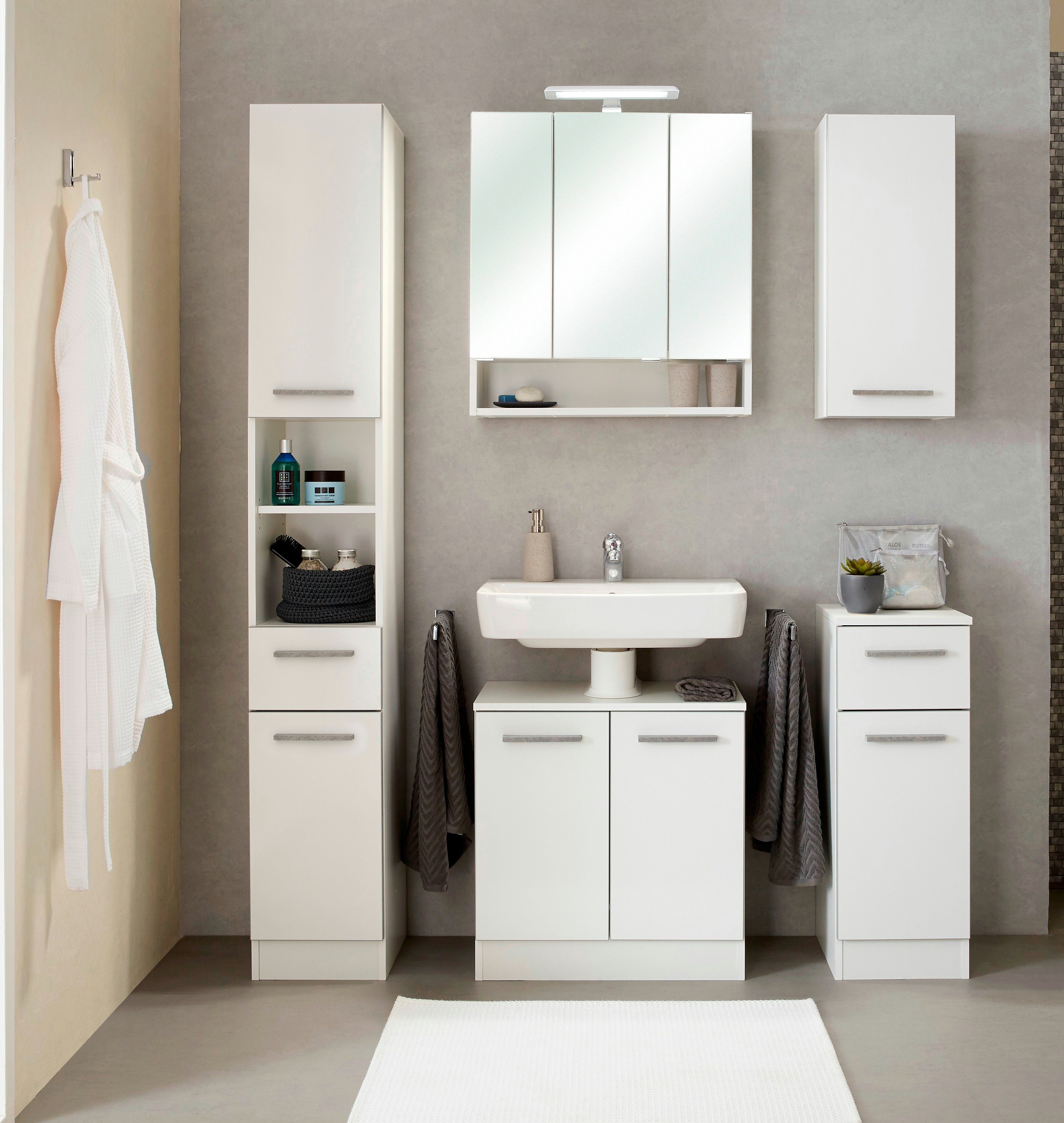Saphir Badmeubelset Quickset 953 2-delig, wastafelonderkast en led-spiegelkast in glanzend wit, badkamermeubel inclusief deurdemper, zonder wasbak, 5 deuren (set)