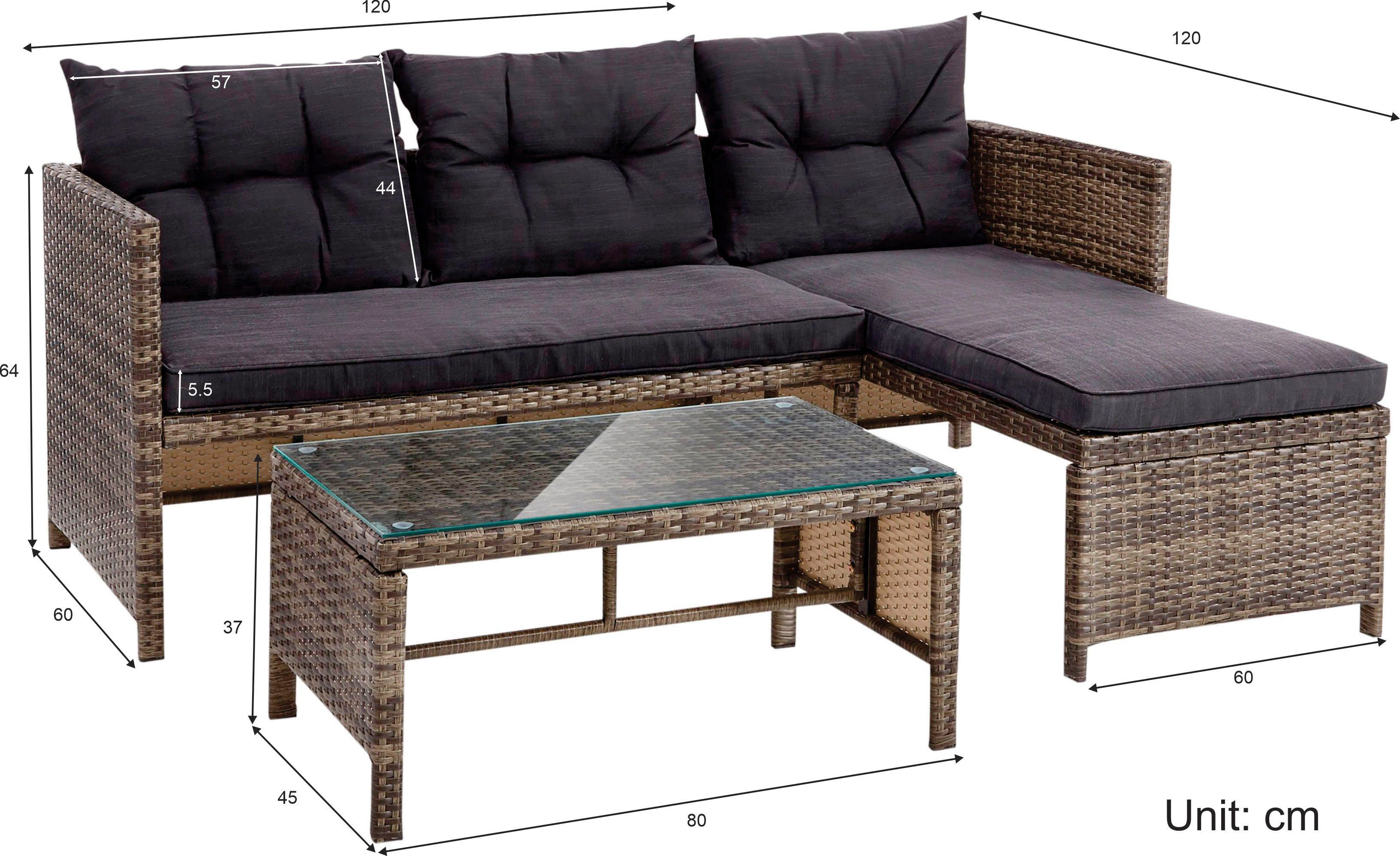 KONIFERA Tuinset Cádiz Tafelblad van veiligheidsglas, balkonset, 3 personen (set, 7-delig)