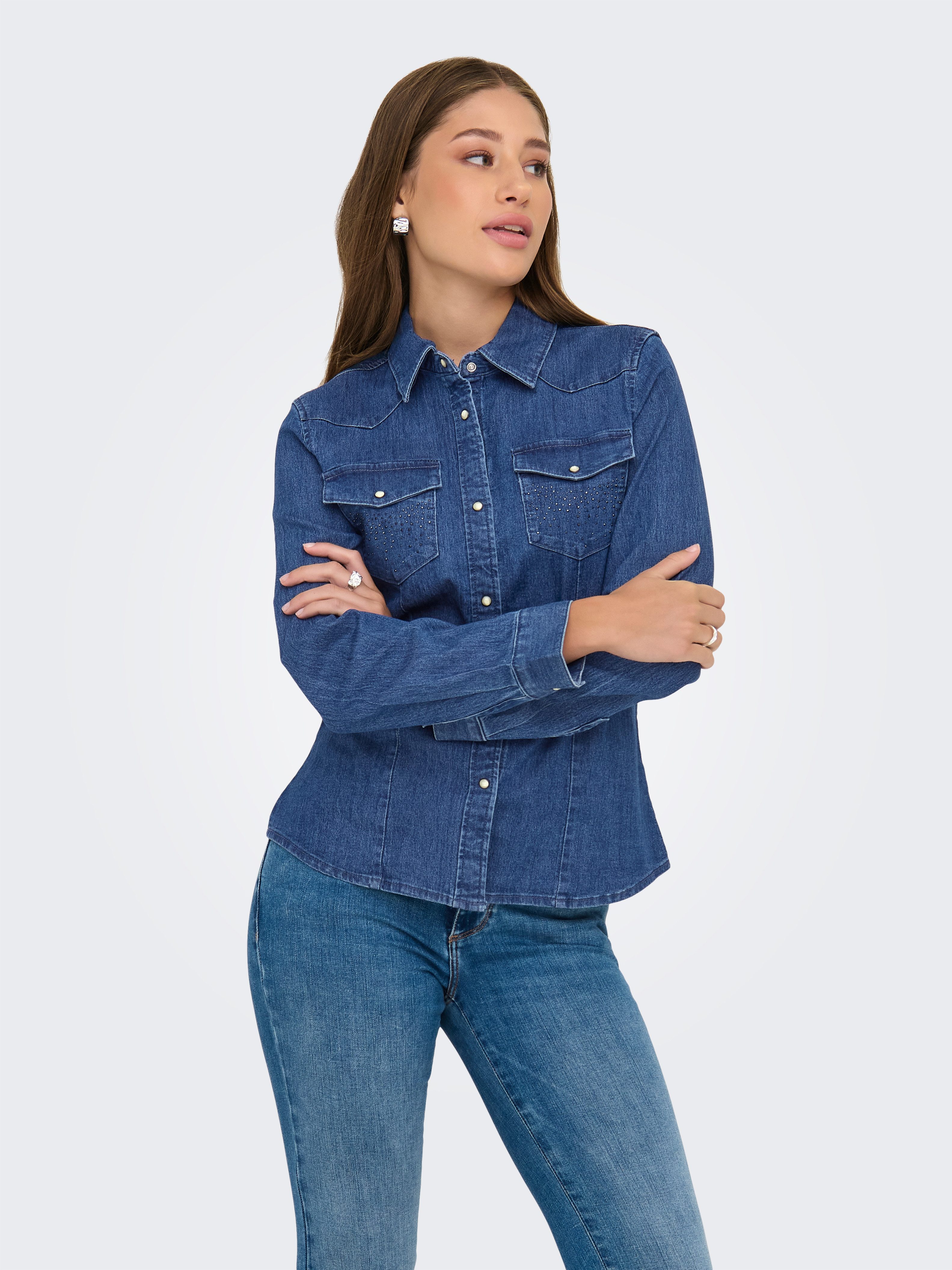 Only Jeans blouse ONLSASIA L/S RHINESTONE DNM SHIRT AKM