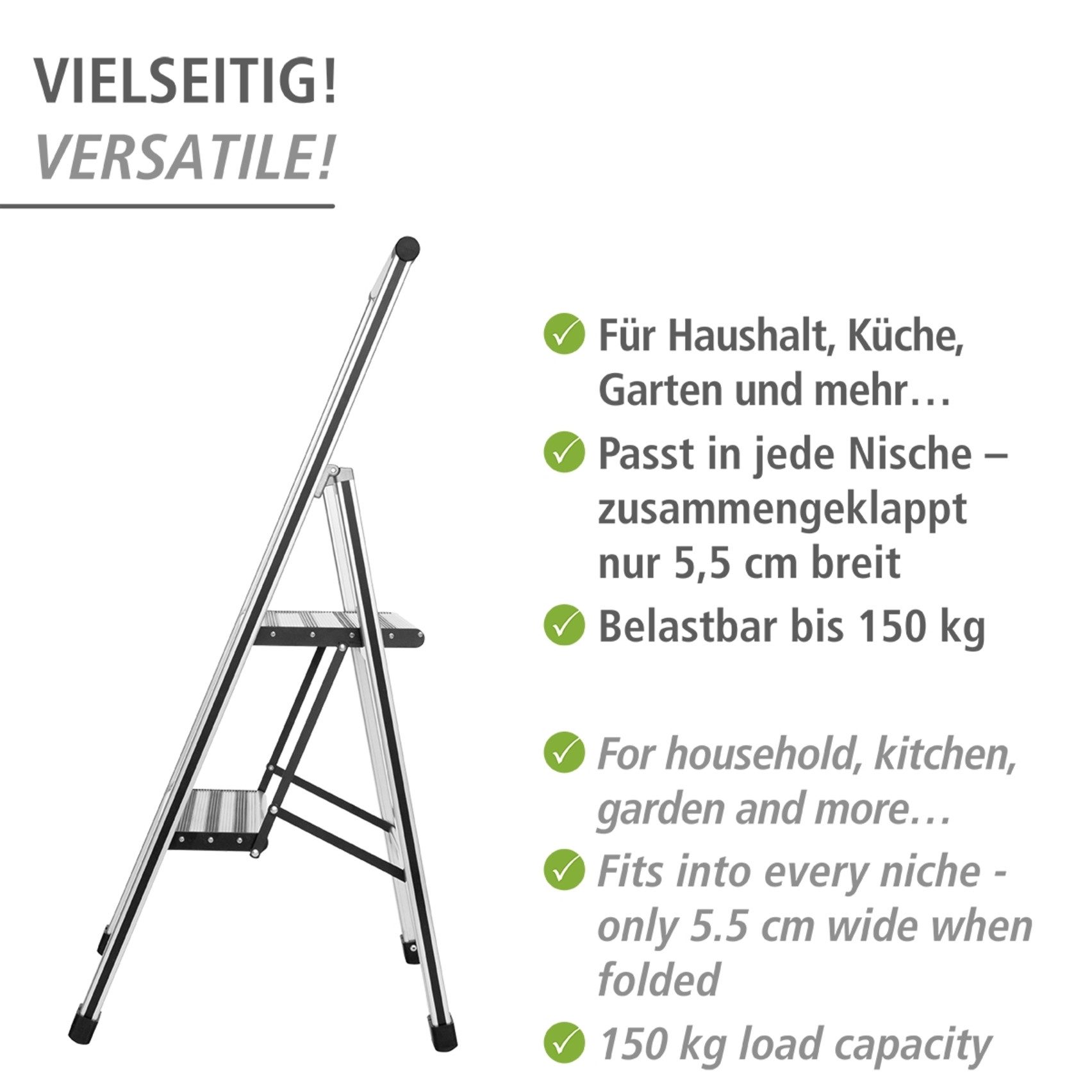 WENKO Huishoudtrapje Model Alu-Design Aluminium-design, XXL-treden, plat inklapbaar en op te bergen