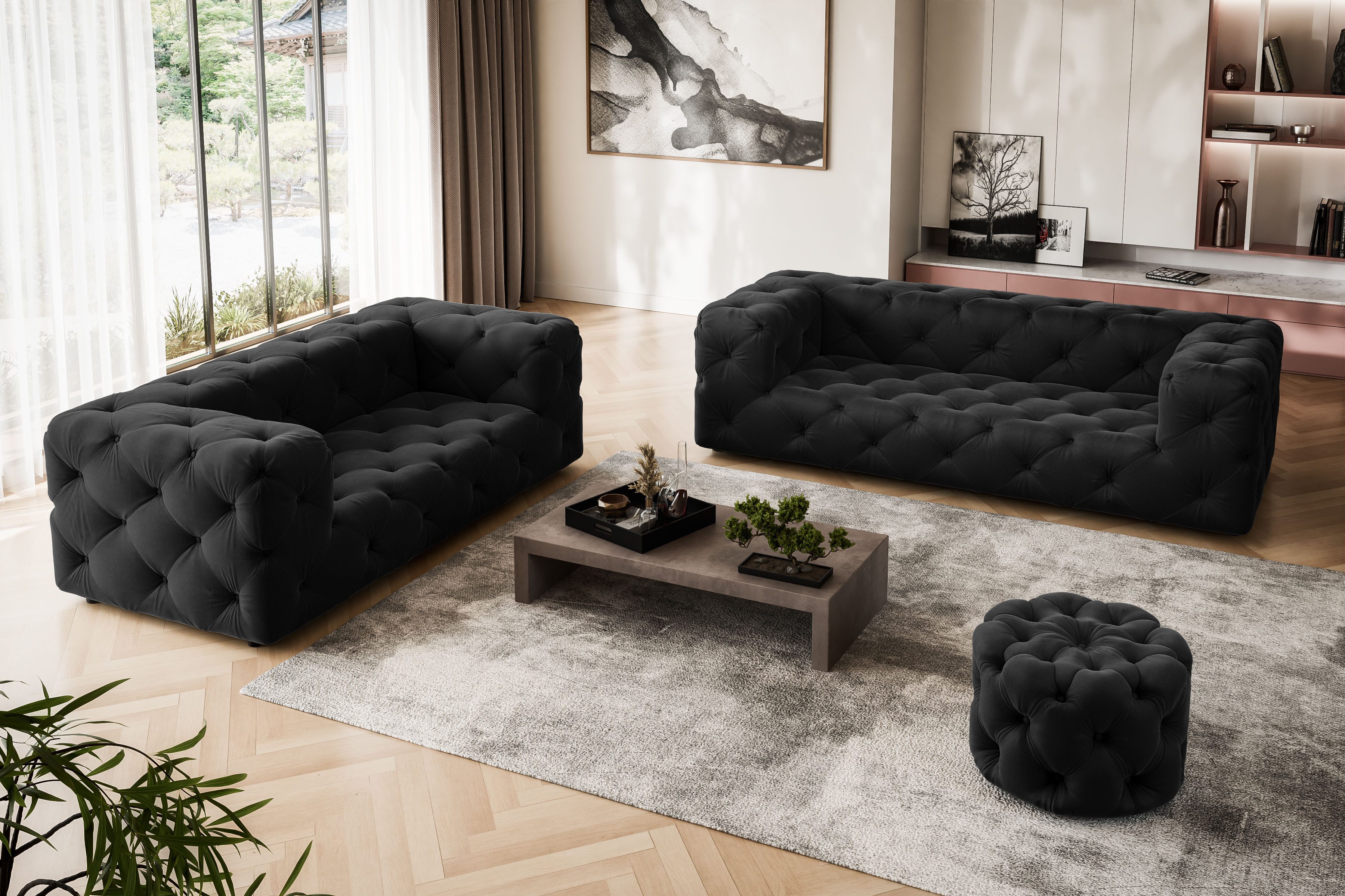 Places of Style 3-zitsbank FOLLINA 3-zits bank met klassieke chesterfield knoopverwerking zwart, 3-zitsbanken