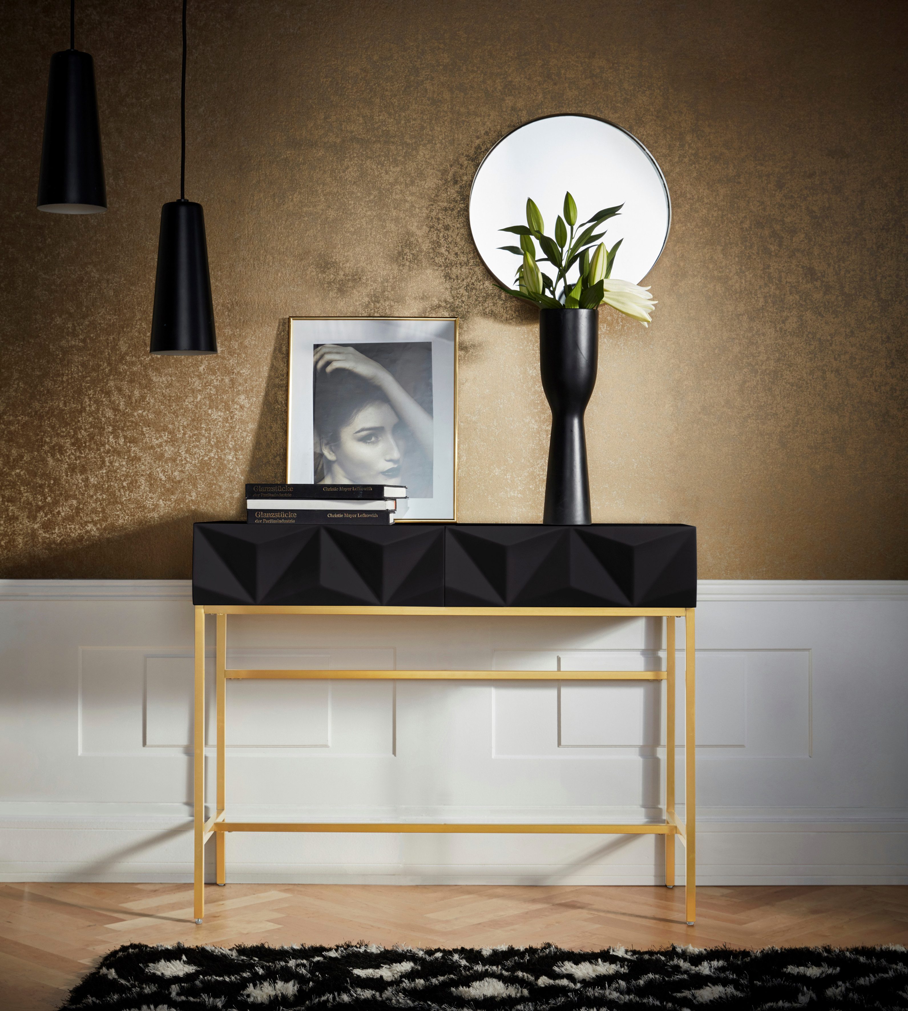 Leonique Dressoir Minfi in 3d-look, sidetable met goudkleurig metalen frame