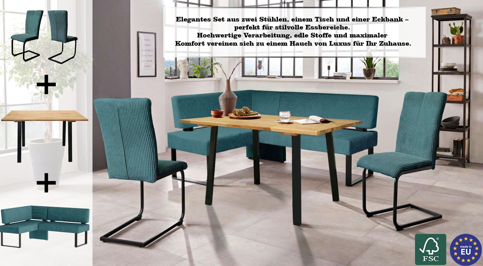 Home affaire Eethoek Oliver Hoekbank met golfvering in de zitting, tafel massief eiken (set, 4-delig)