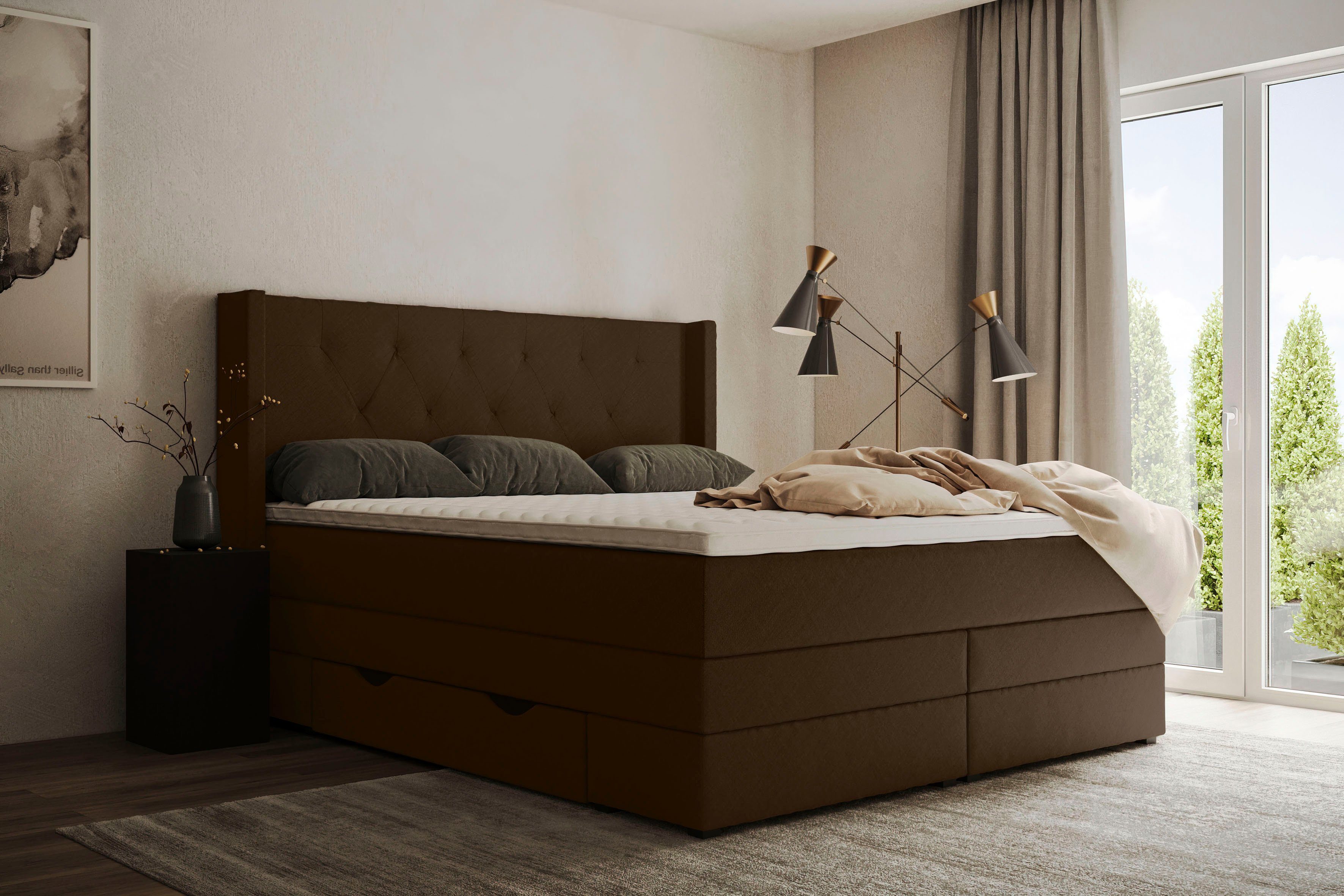 Places of Style Boxspring Elegance met mooie capitonnage, in de hardheden h2 & h3, inclusief laden boxsprings bruin